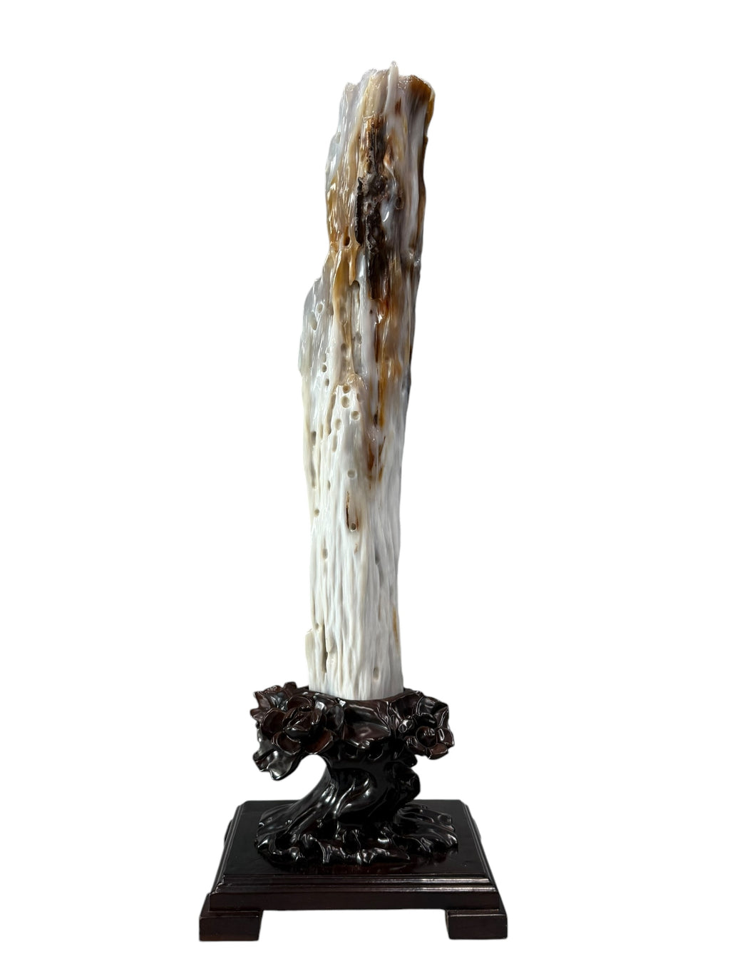Elegant petrified wood fengshui ornament mountain lookalike flower carving solid wooden base
