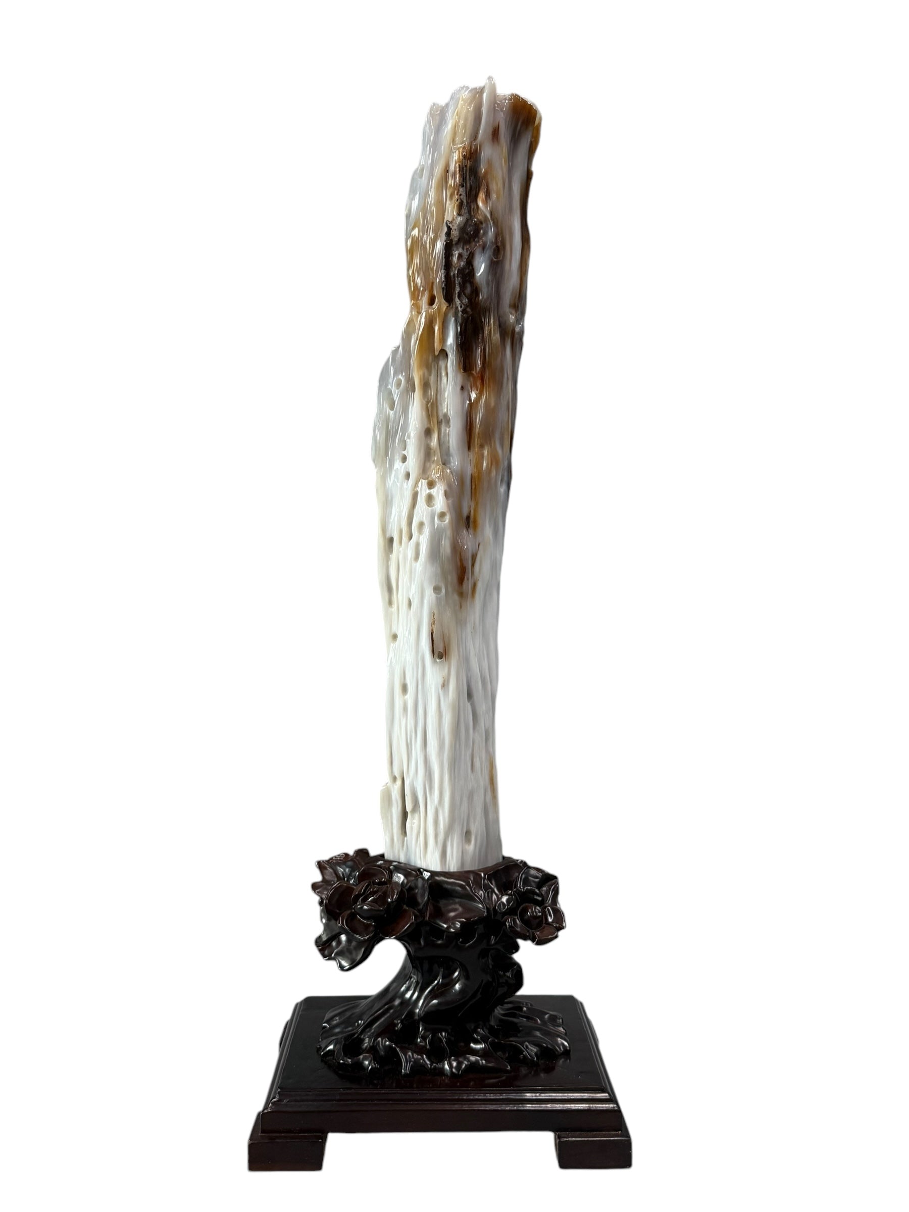Elegant petrified wood fengshui ornament mountain lookalike flower carving solid wooden base
