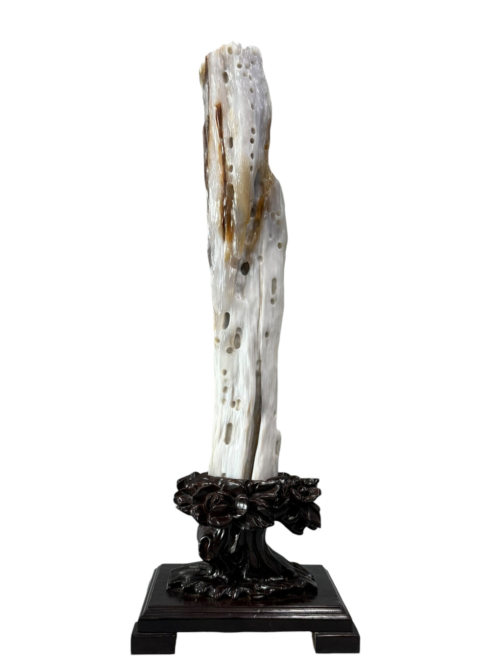 Elegant petrified wood fengshui ornament mountain lookalike flower carving solid wooden base