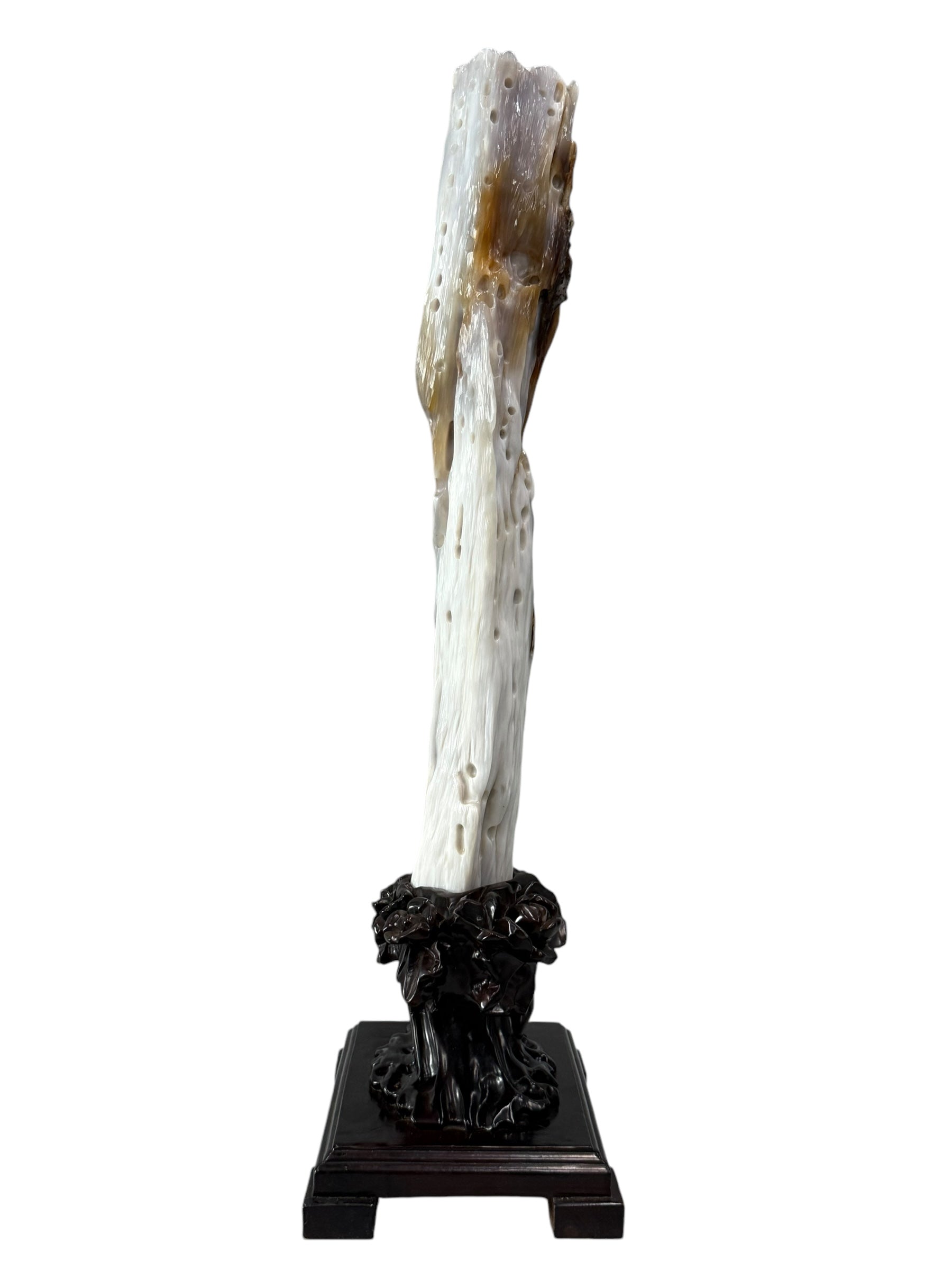 Elegant petrified wood fengshui ornament mountain lookalike flower carving solid wooden base