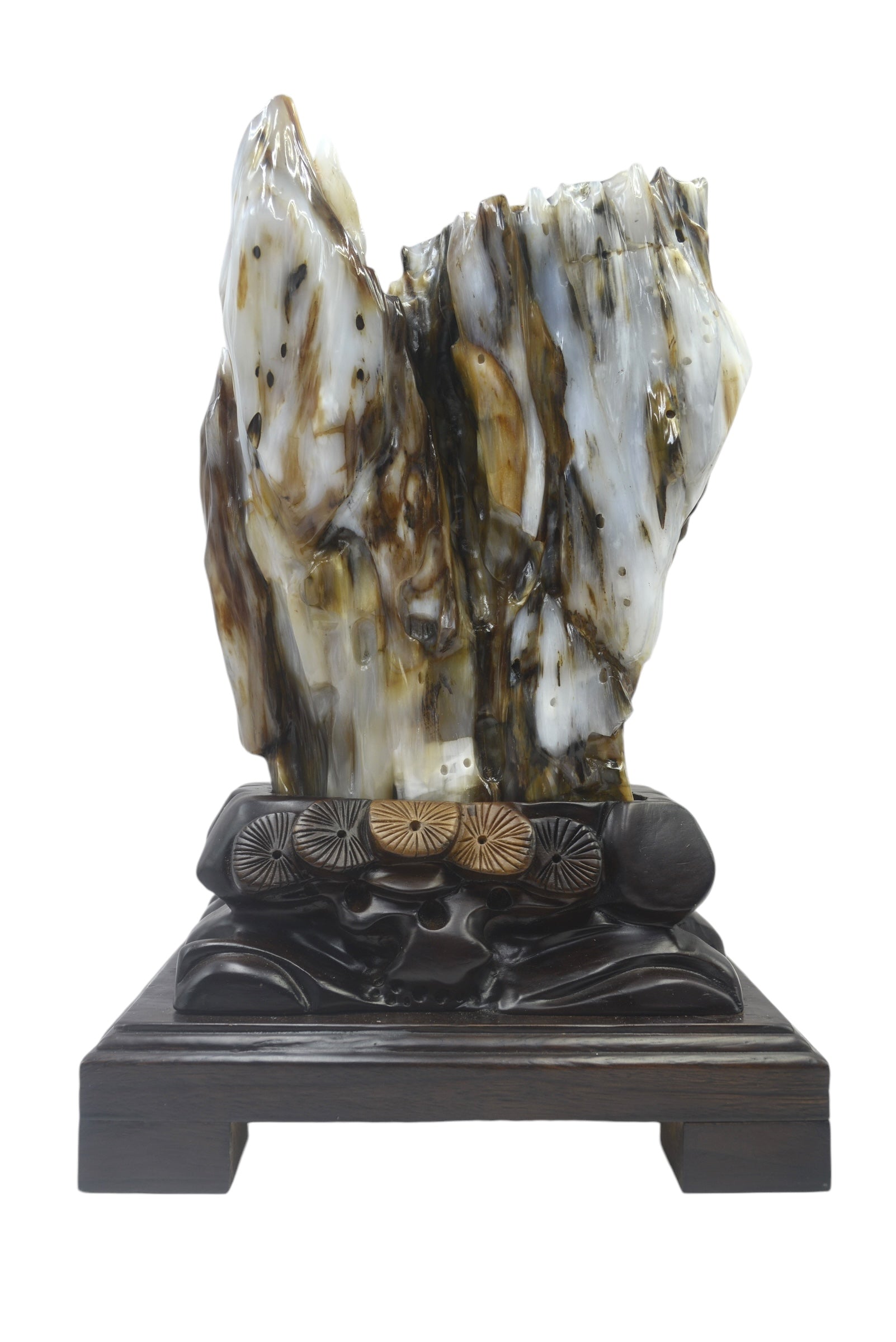 Petrified wood fengshui ornament mountain lookalike flower carving solid wooden base office home