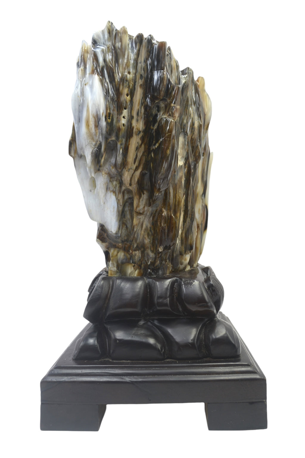 Petrified wood fengshui ornament mountain lookalike flower carving solid wooden base office home