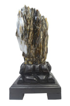 Petrified wood fengshui ornament mountain lookalike flower carving solid wooden base office home