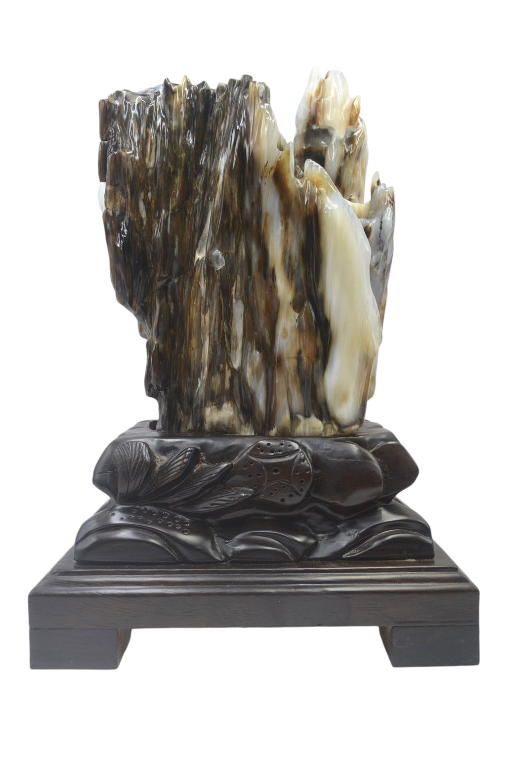 Petrified wood fengshui ornament mountain lookalike flower carving solid wooden base office home