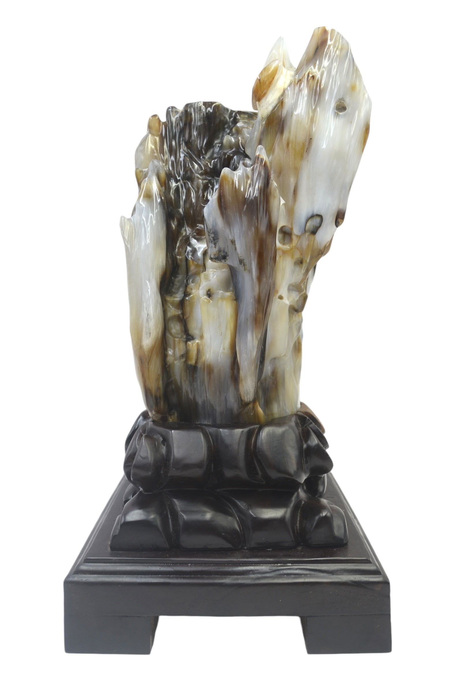 Petrified wood fengshui ornament mountain lookalike flower carving solid wooden base office home