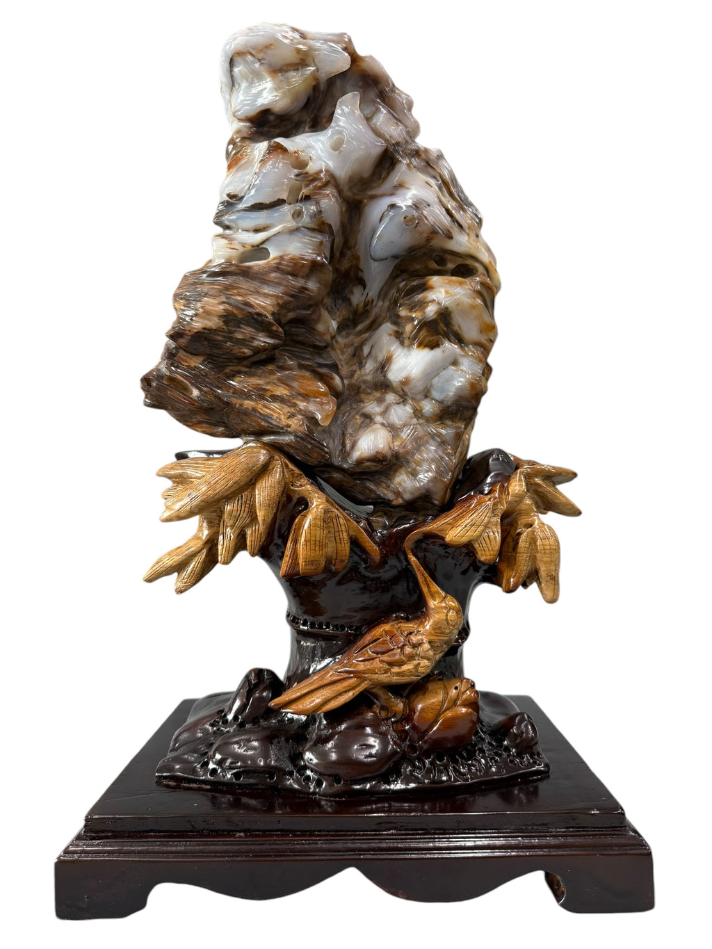 Petrified wood fengshui ornament mountain lookalike crane bird carving solid wooden base