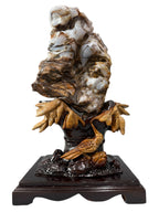 Petrified wood fengshui ornament mountain lookalike crane bird carving solid wooden base