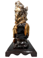 Petrified wood fengshui ornament mountain lookalike crane bird carving solid wooden base