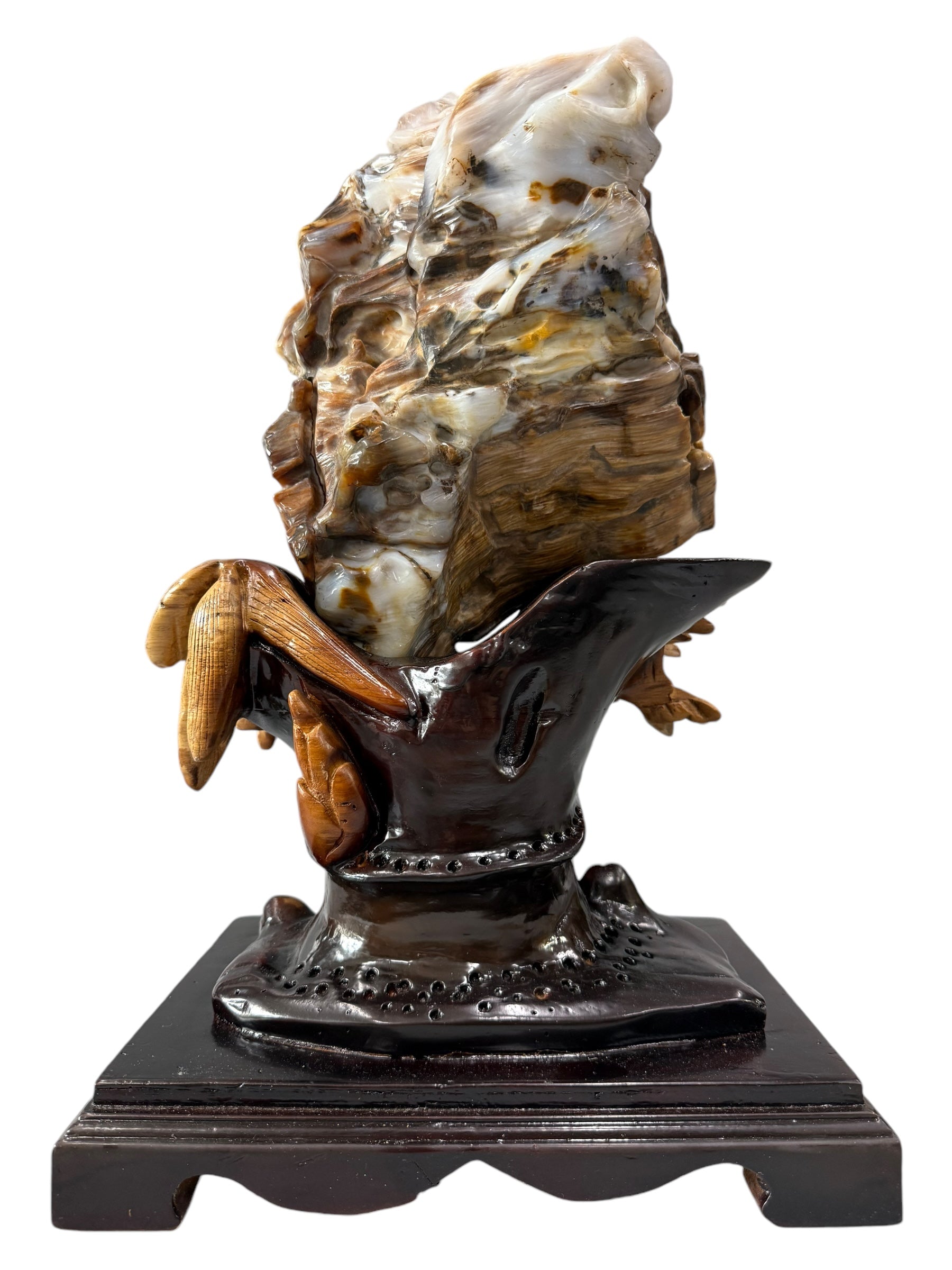 Petrified wood fengshui ornament mountain lookalike crane bird carving solid wooden base