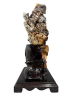 Petrified wood fengshui ornament mountain lookalike crane bird carving solid wooden base