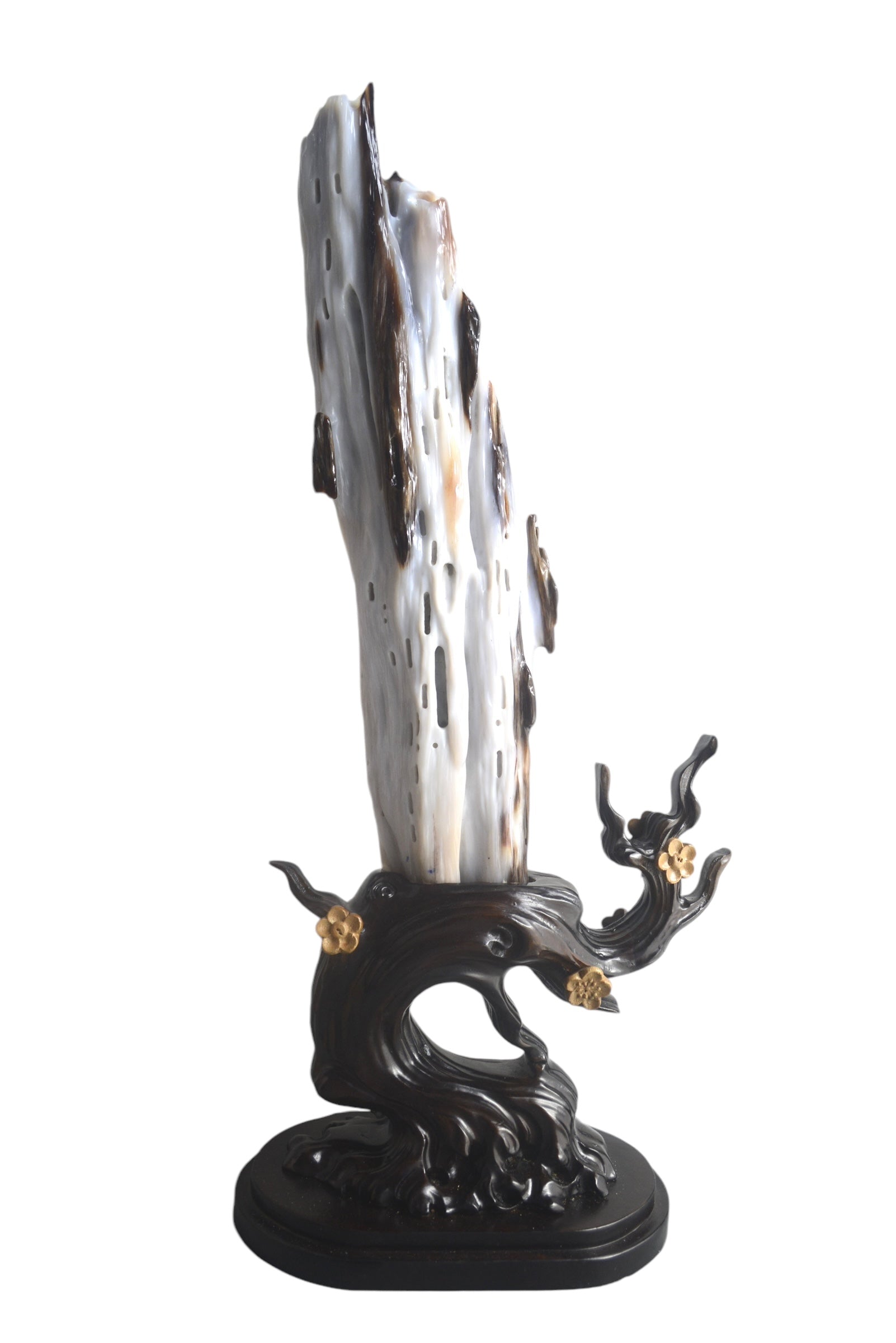 Petrified wood fengshui decoration mountain lookalike flower carving solid wooden base