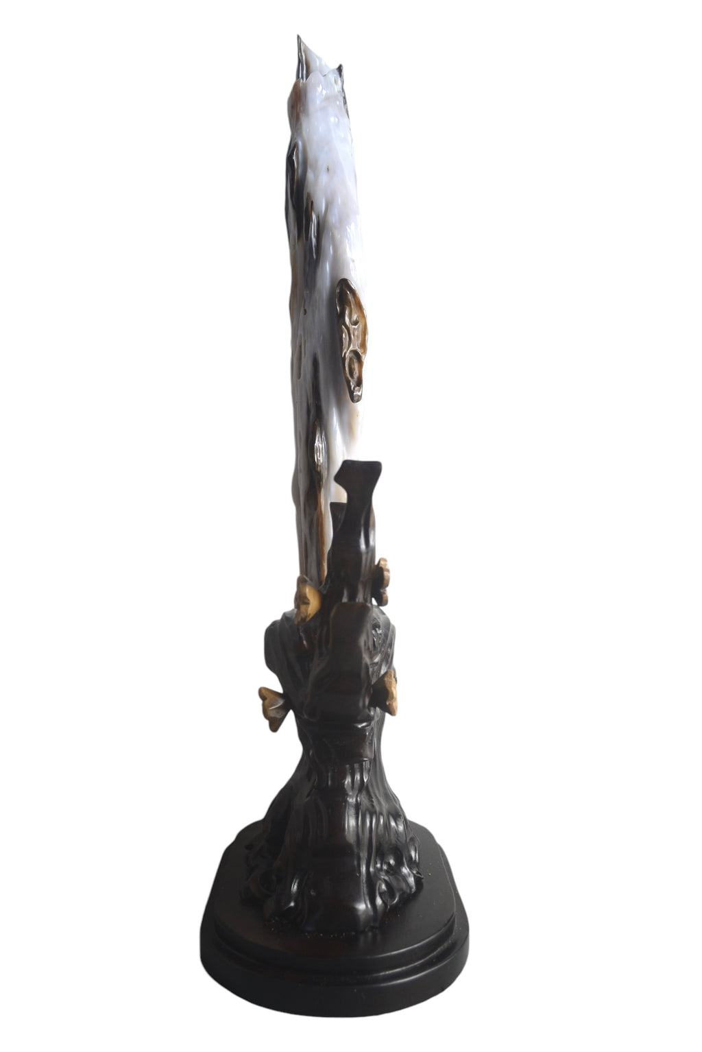 Petrified wood fengshui decoration mountain lookalike flower carving solid wooden base