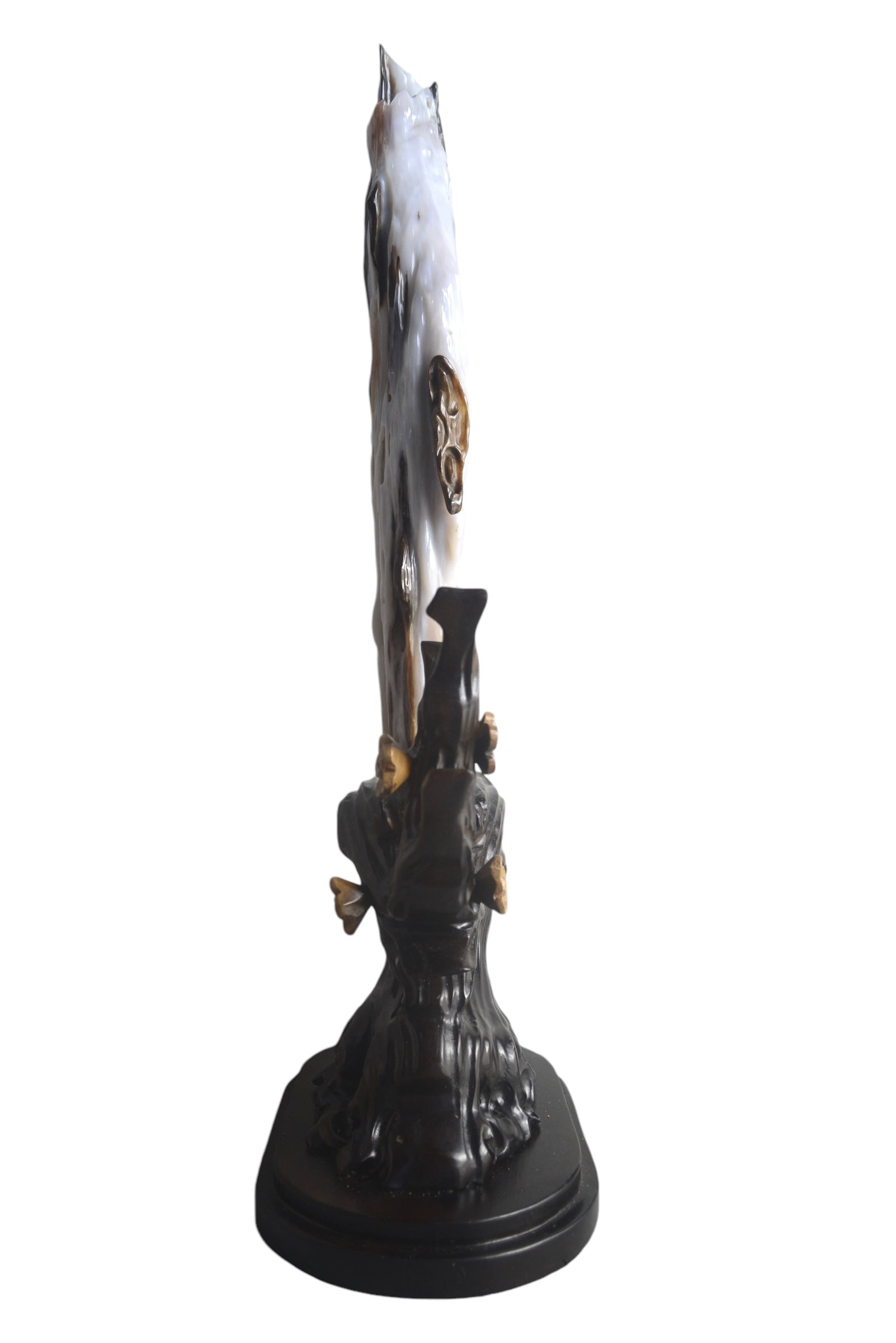 Petrified wood fengshui decoration mountain lookalike flower carving solid wooden base