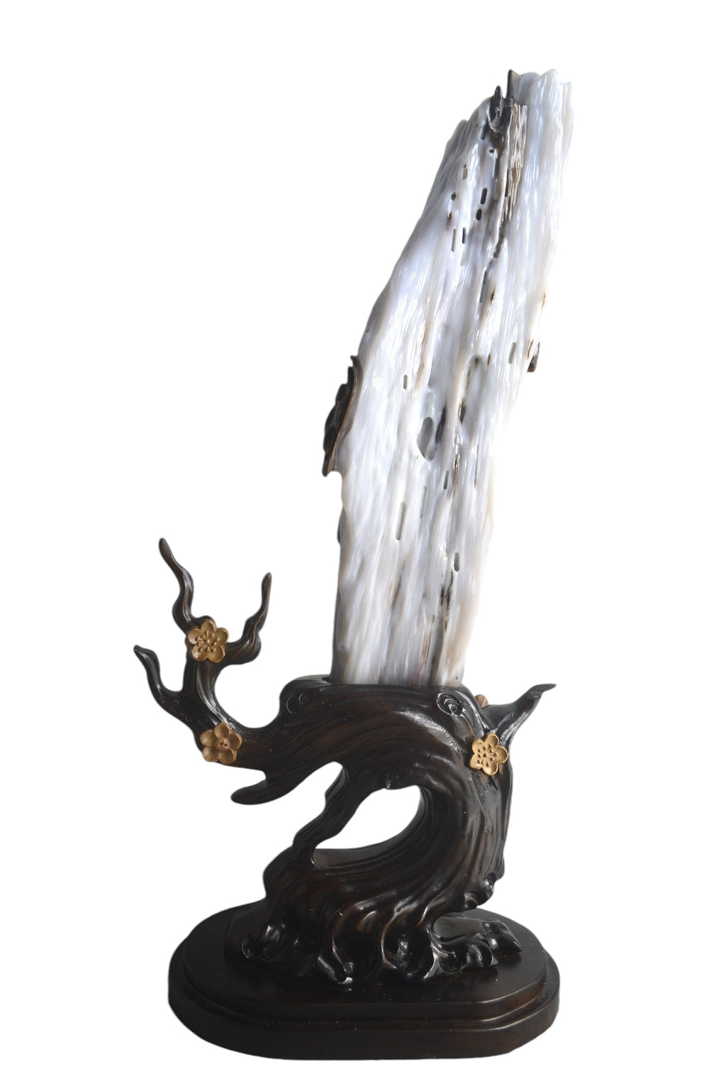 Petrified wood fengshui decoration mountain lookalike flower carving solid wooden base