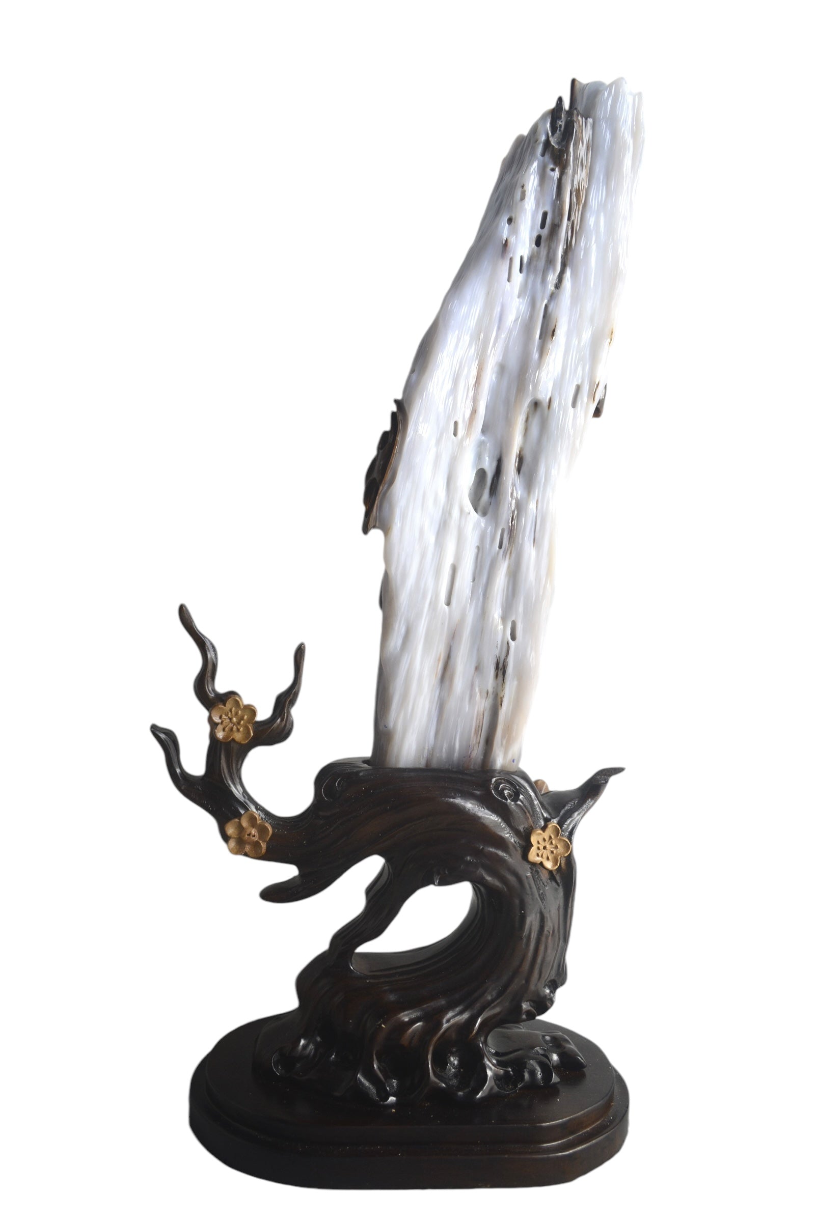 Petrified wood fengshui decoration mountain lookalike flower carving solid wooden base