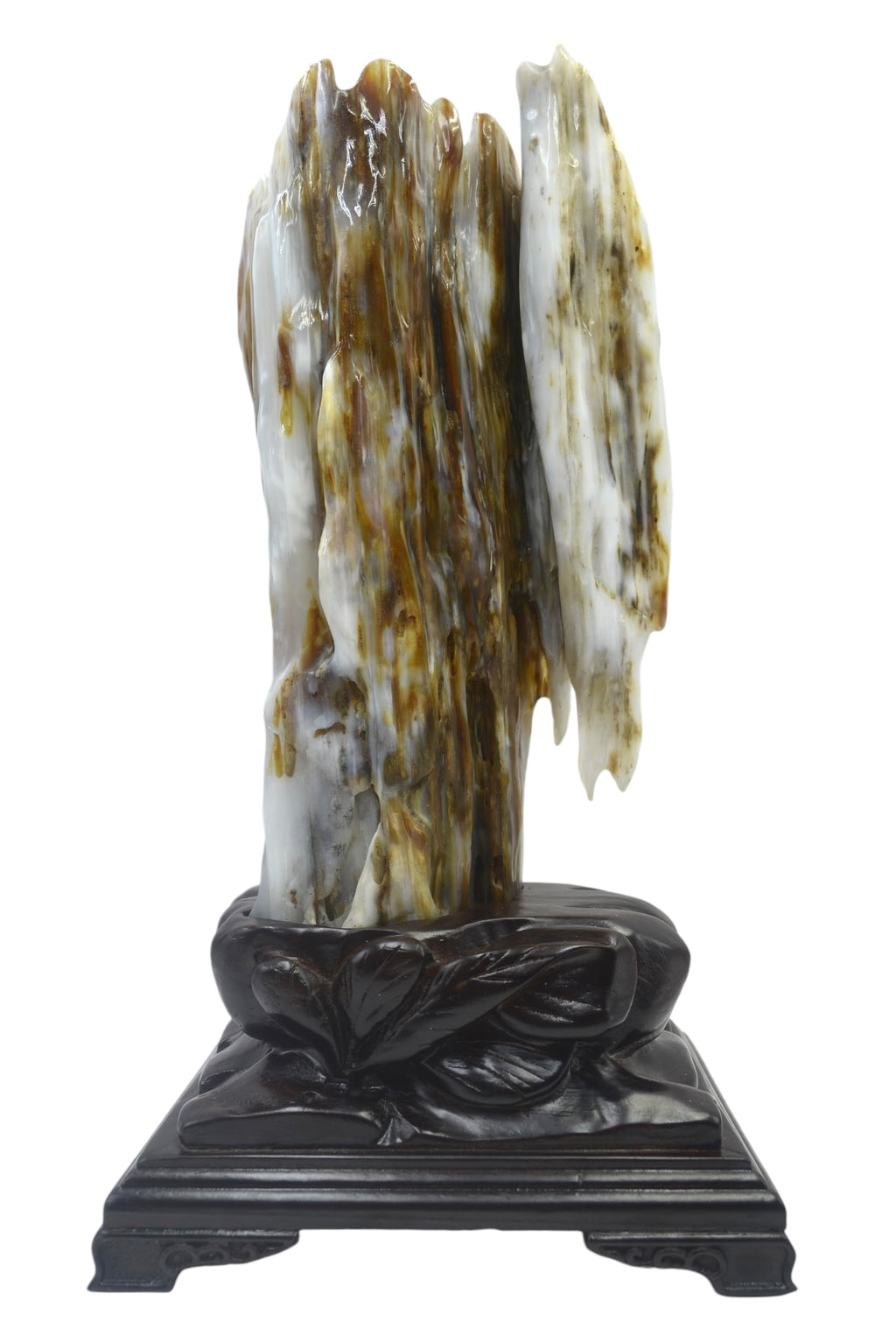 Petrified wood fengshui decoration mountain flower carving solid wooden base home office