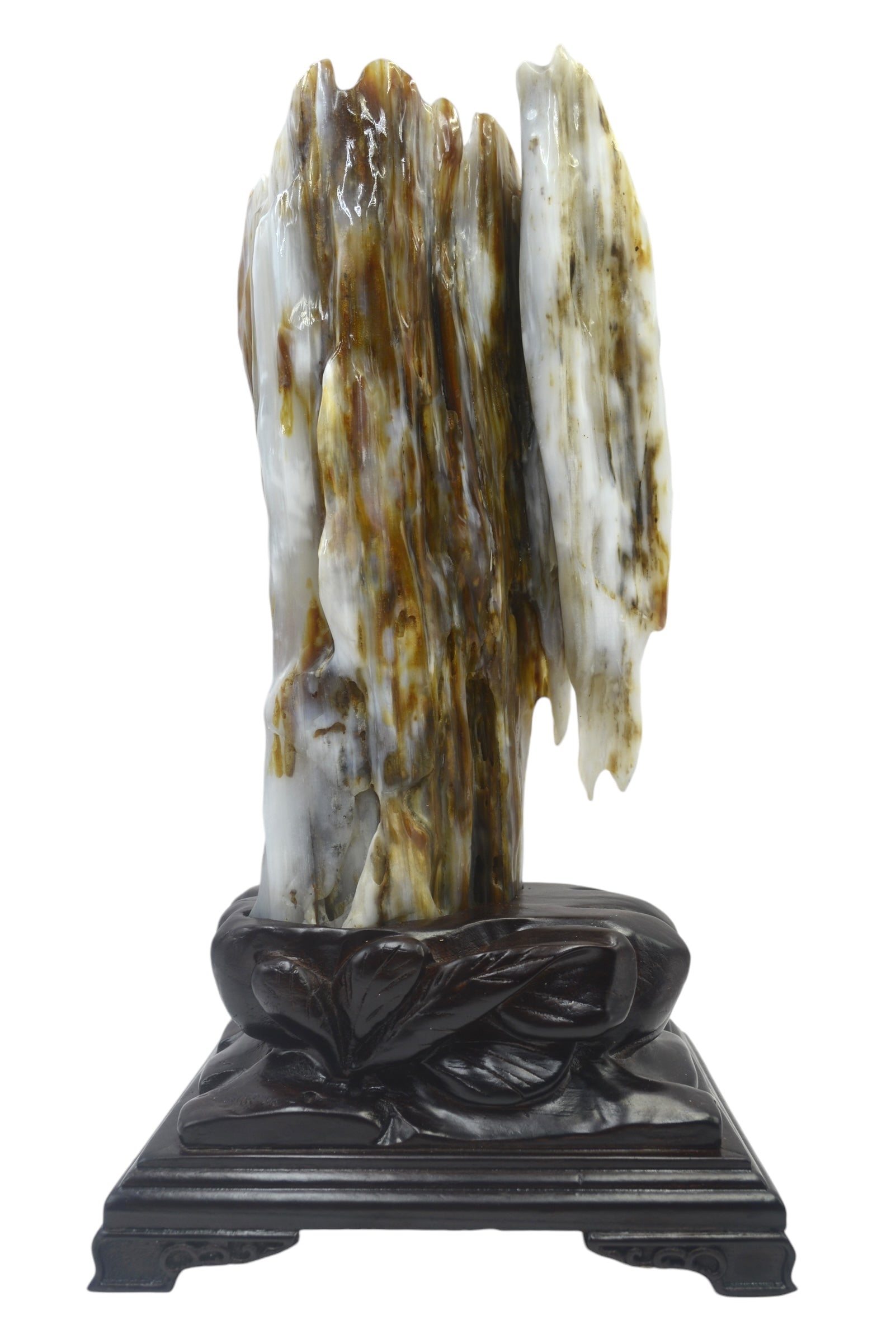 Petrified wood fengshui decoration mountain flower carving solid wooden base home office