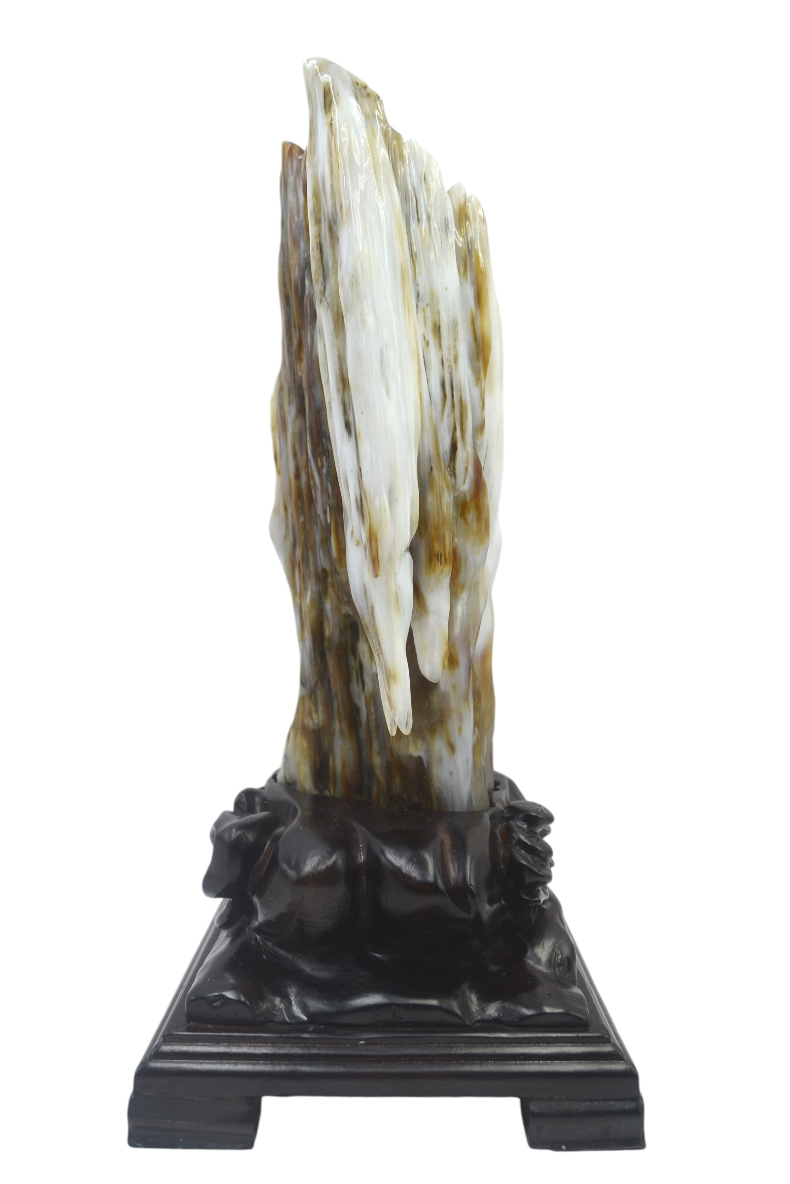 Petrified wood fengshui decoration mountain flower carving solid wooden base home office