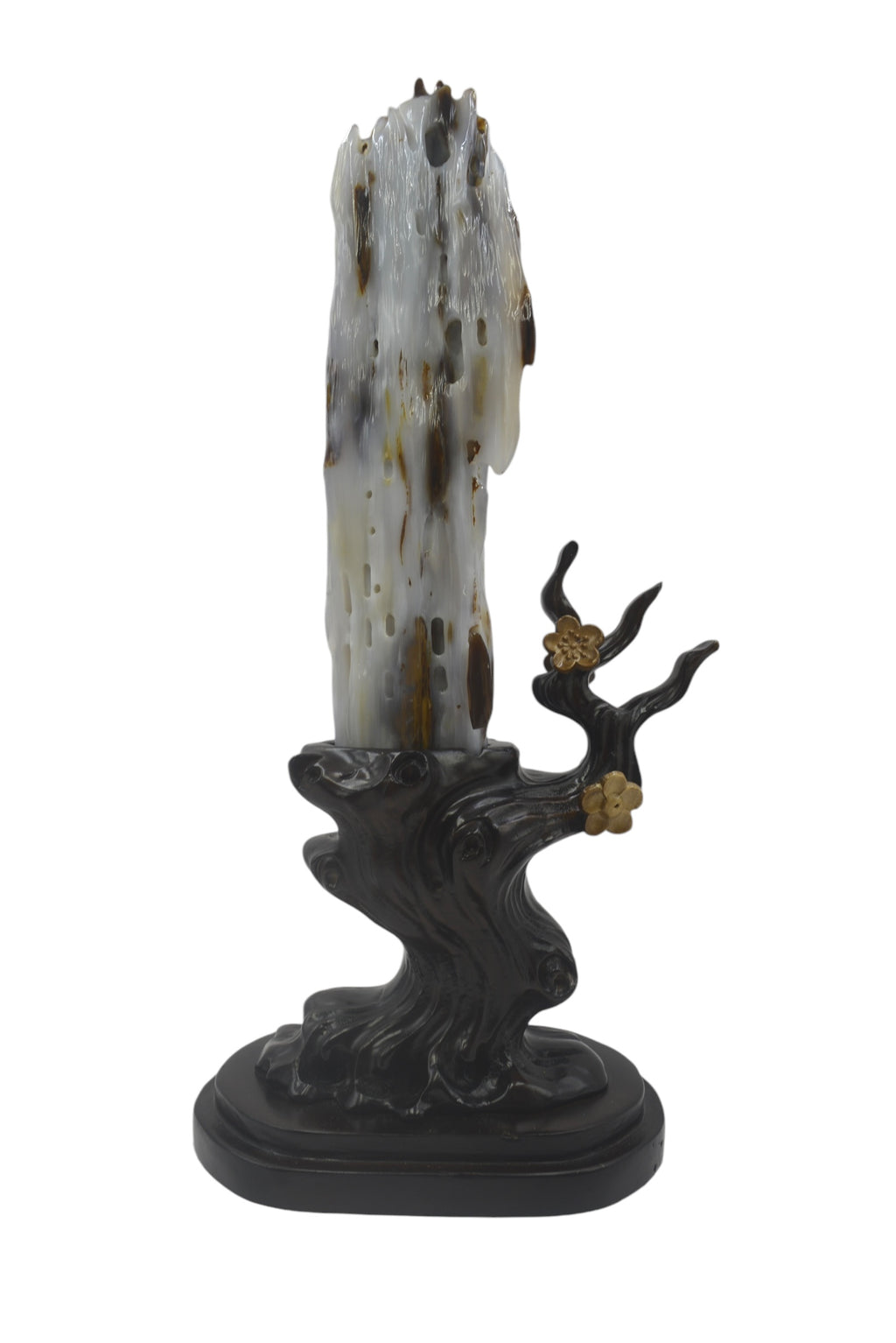 Petrified wood fengshui decoration mountain flower carving solid wooden base home office display