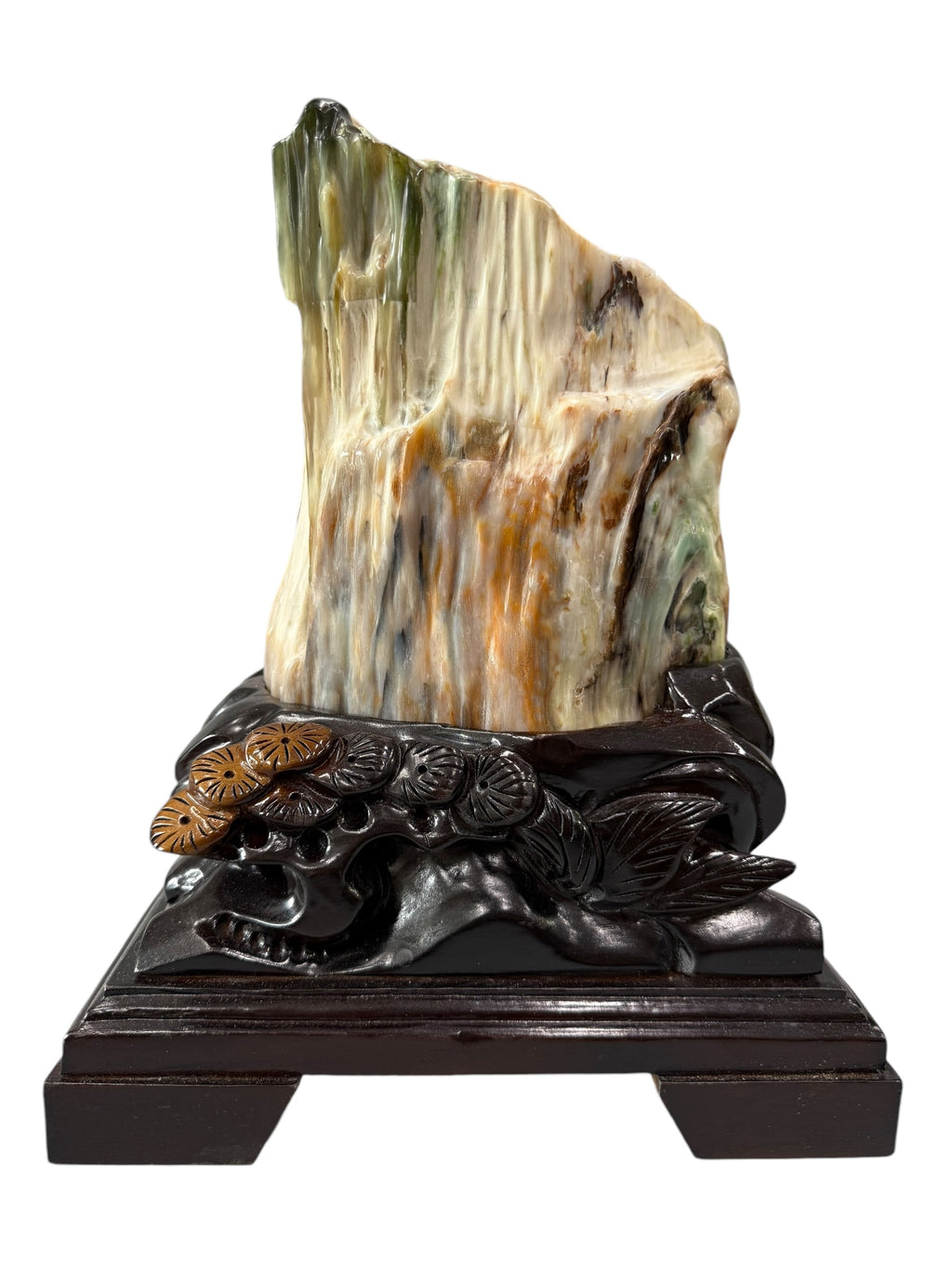 Beautiful colour petrified wood fengshui decoration mountain carving solid wooden base home office