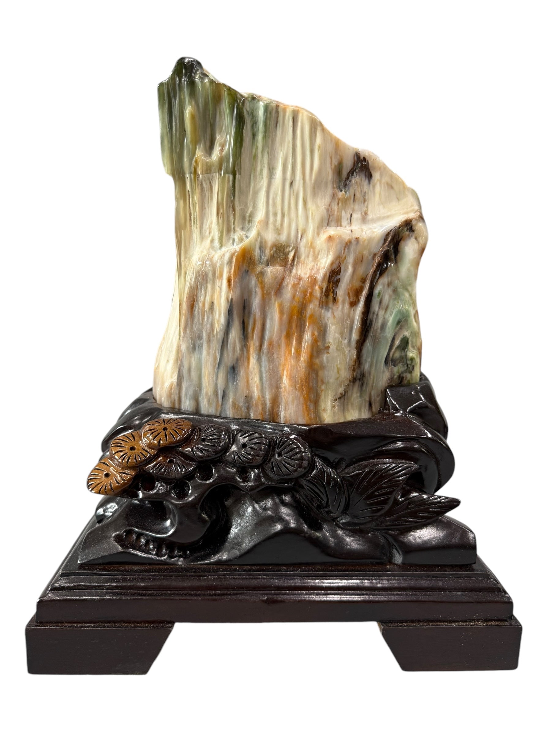 Beautiful colour petrified wood fengshui decoration mountain carving solid wooden base home office