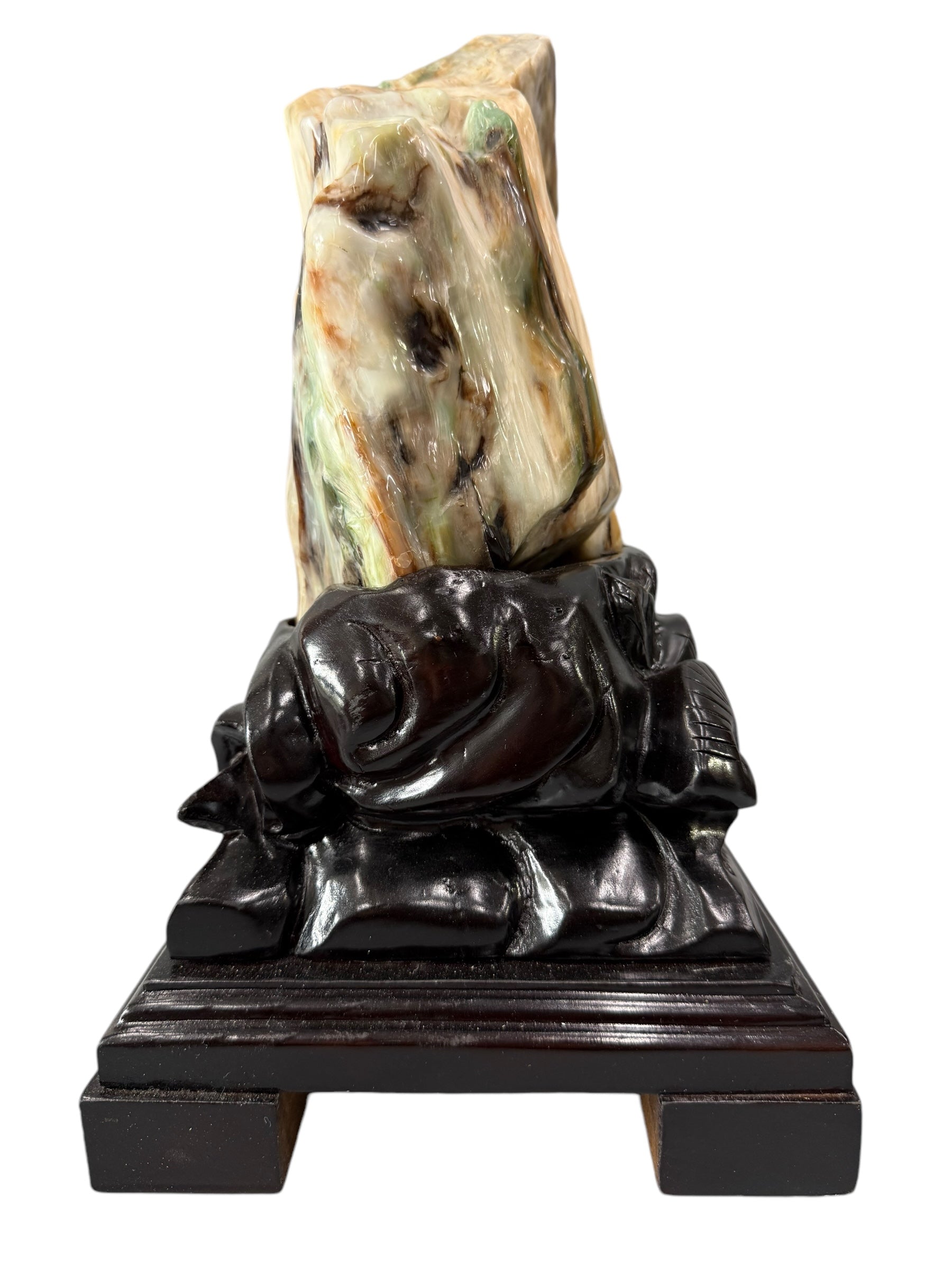 Beautiful colour petrified wood fengshui decoration mountain carving solid wooden base home office