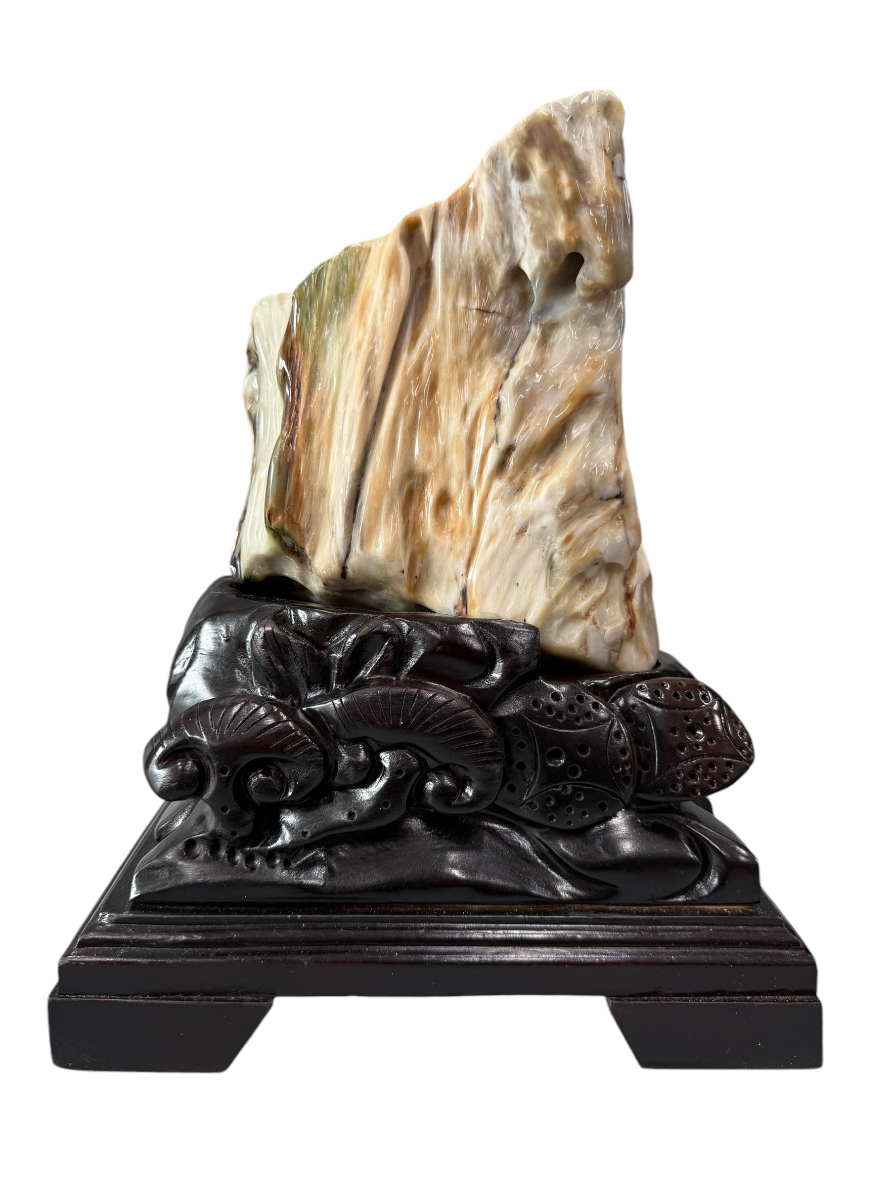 Beautiful colour petrified wood fengshui decoration mountain carving solid wooden base home office