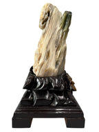 Beautiful colour petrified wood fengshui decoration mountain carving solid wooden base home office