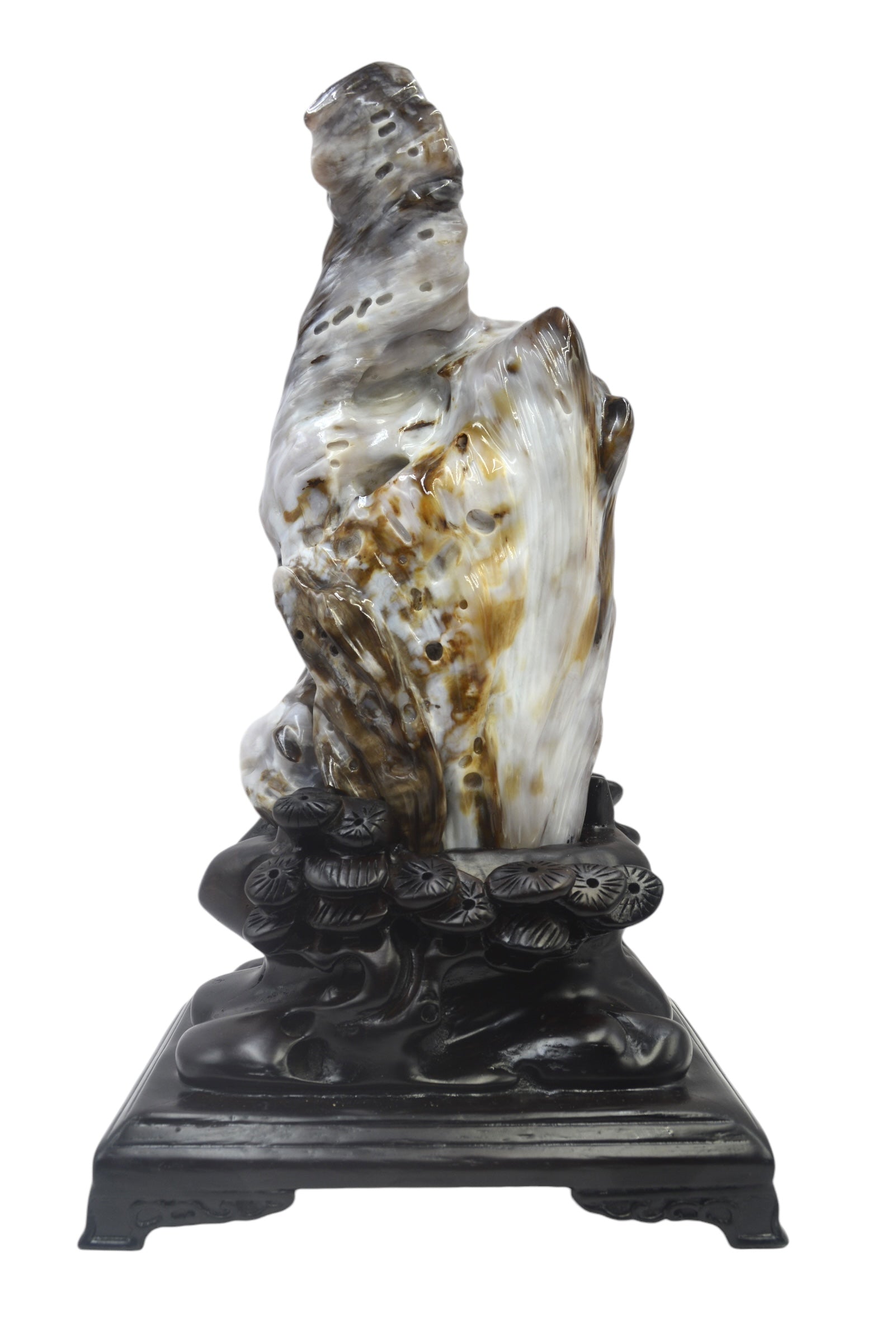 Beautiful petrified wood fengshui decoration mountain carving solid wooden base home office