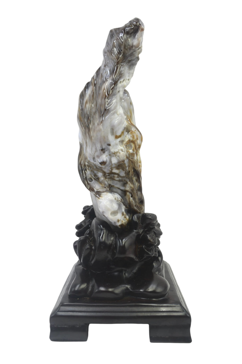 Beautiful petrified wood fengshui decoration mountain carving solid wooden base home office