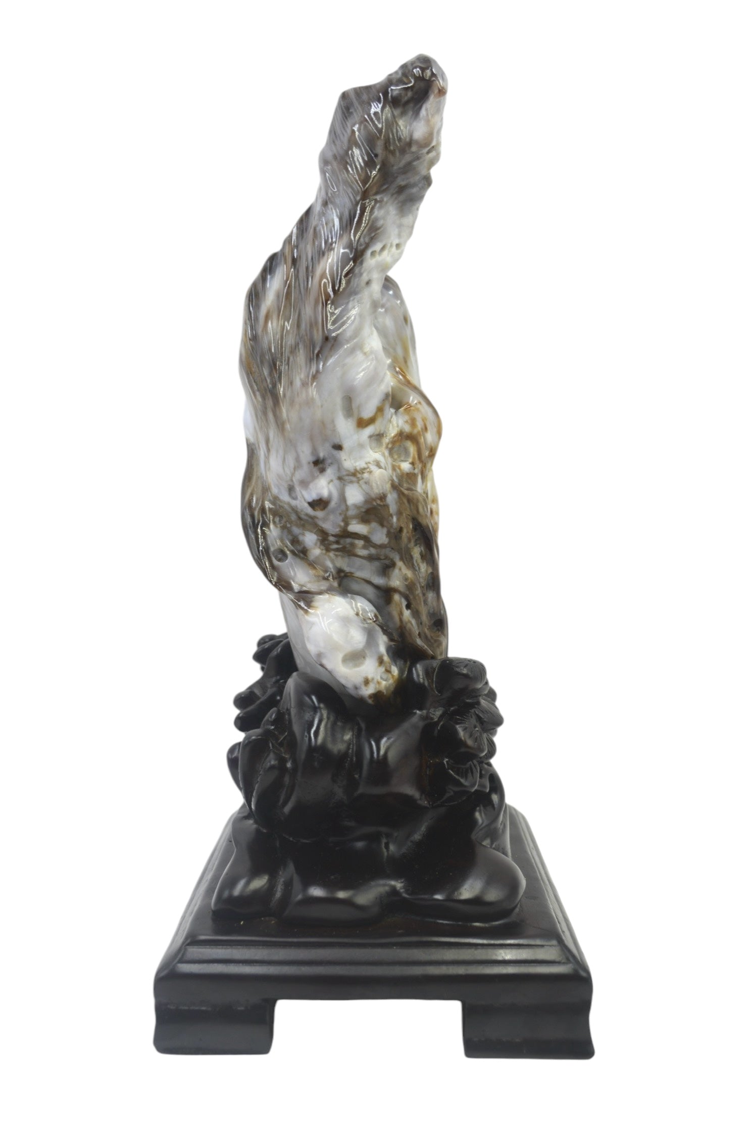 Beautiful petrified wood fengshui decoration mountain carving solid wooden base home office