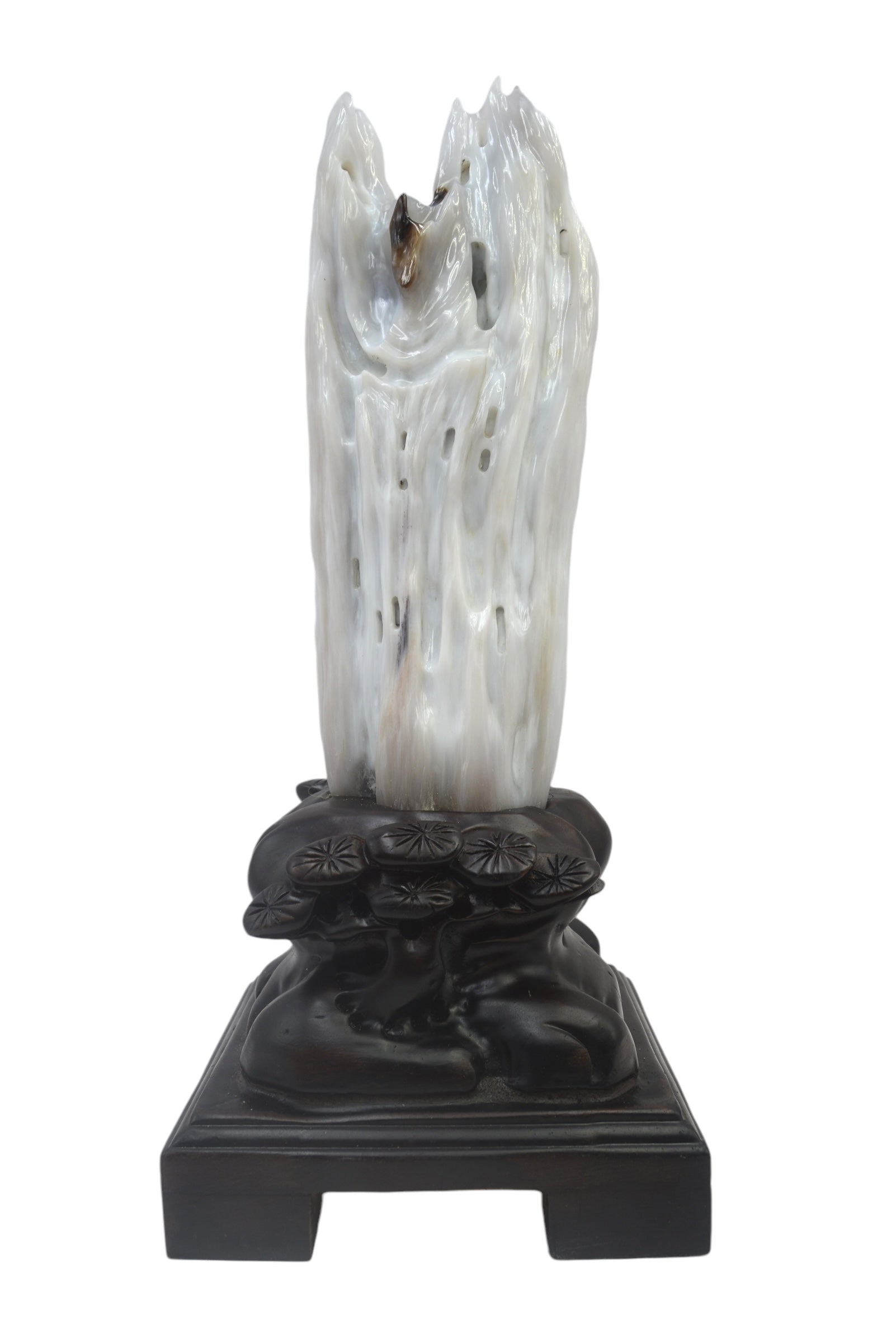 Beautiful petrified wood fengshui decoration mountain carving solid wooden base home office decor