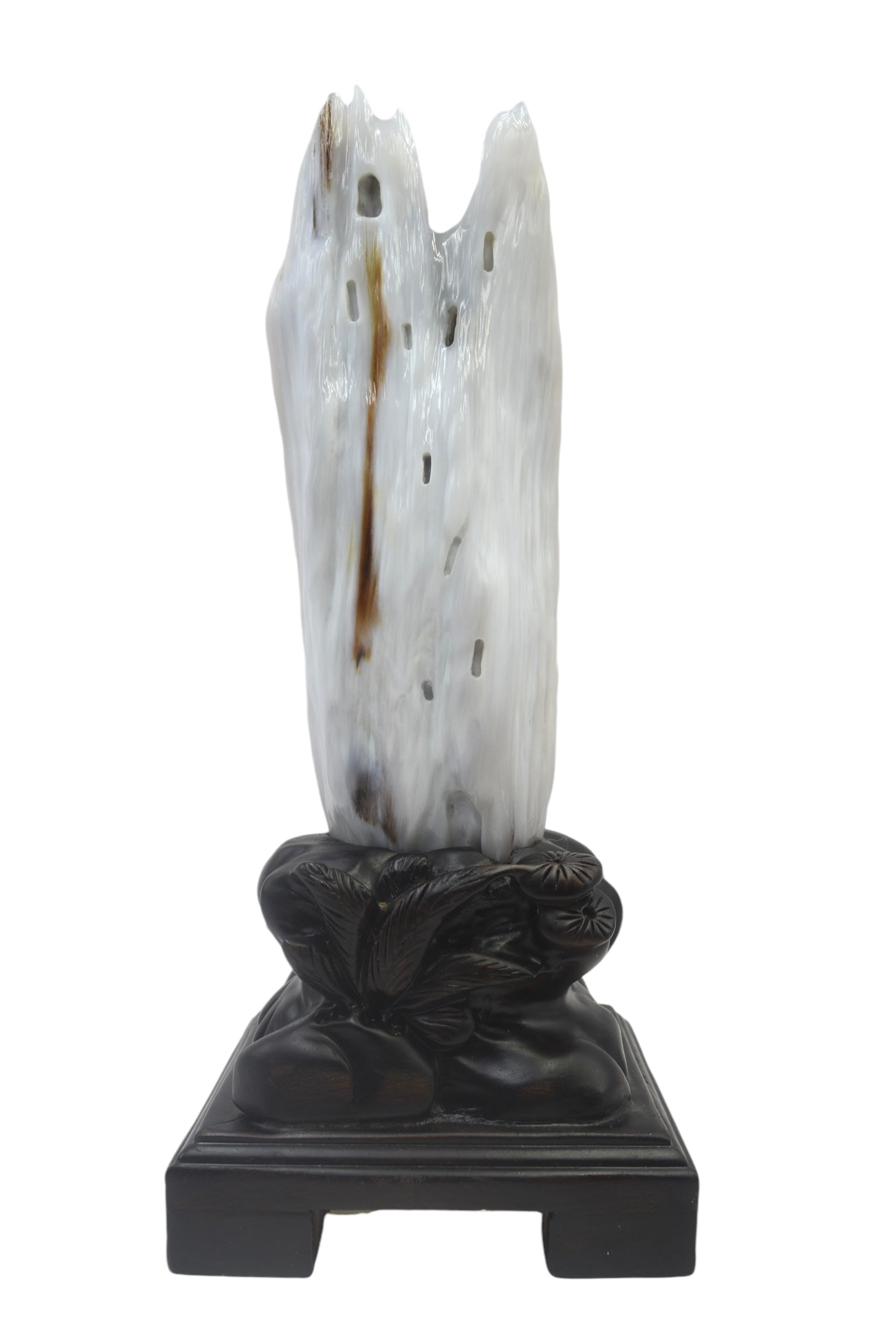 Beautiful petrified wood fengshui decoration mountain carving solid wooden base home office decor