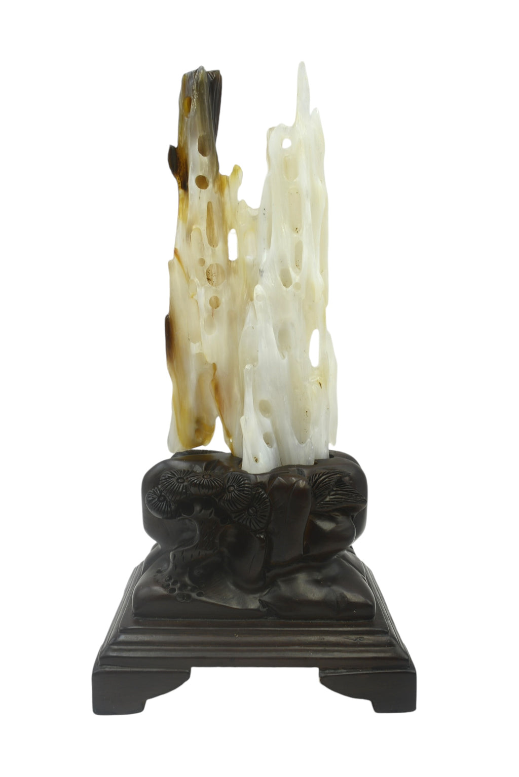 Beautiful petrified wood fengshui decoration mountain design carving solid wooden base home office