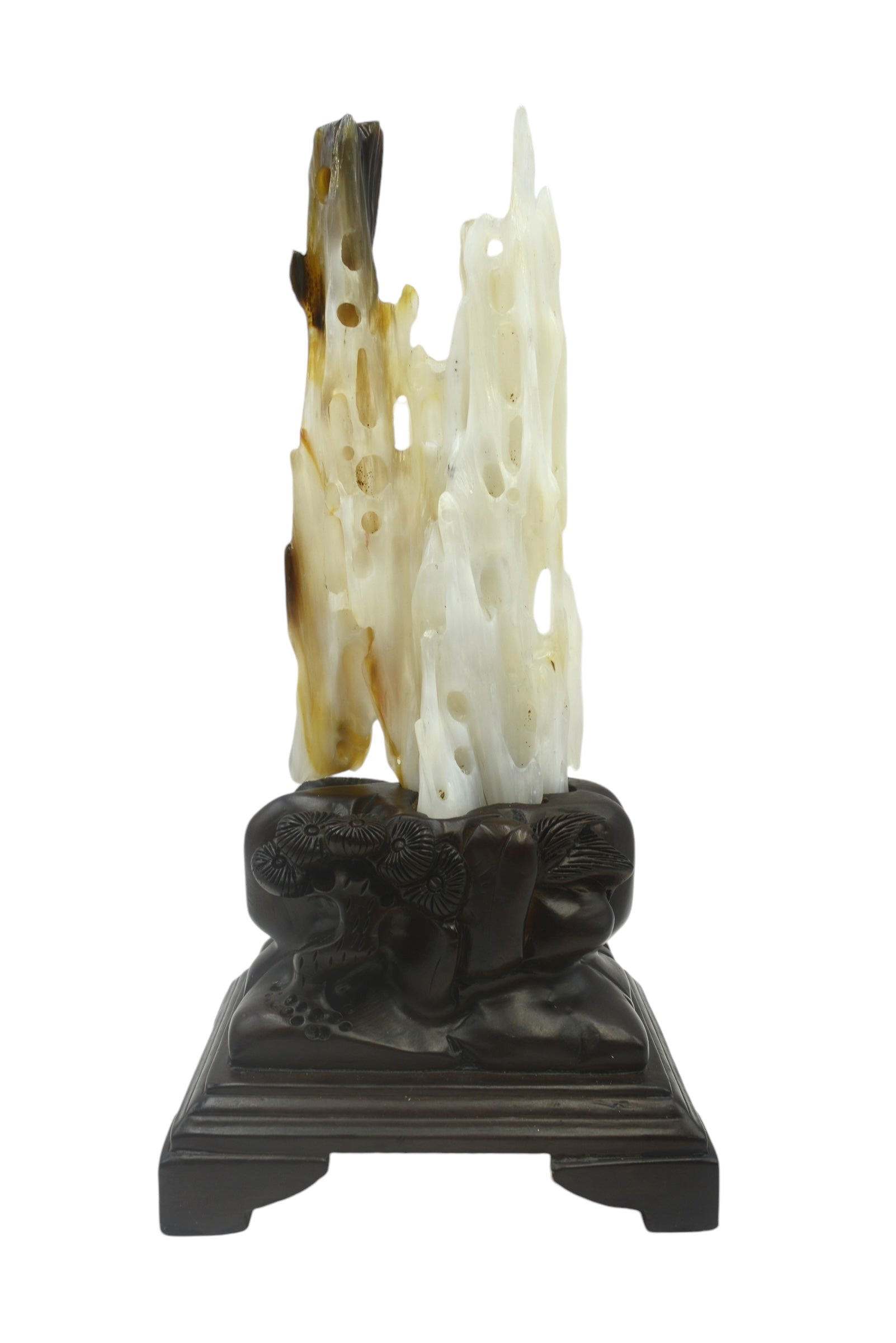 Beautiful petrified wood fengshui decoration mountain design carving solid wooden base home office