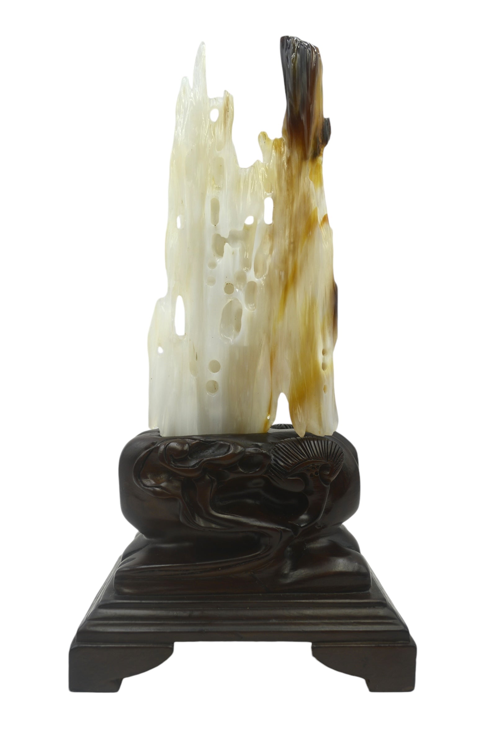 Beautiful petrified wood fengshui decoration mountain design carving solid wooden base home office
