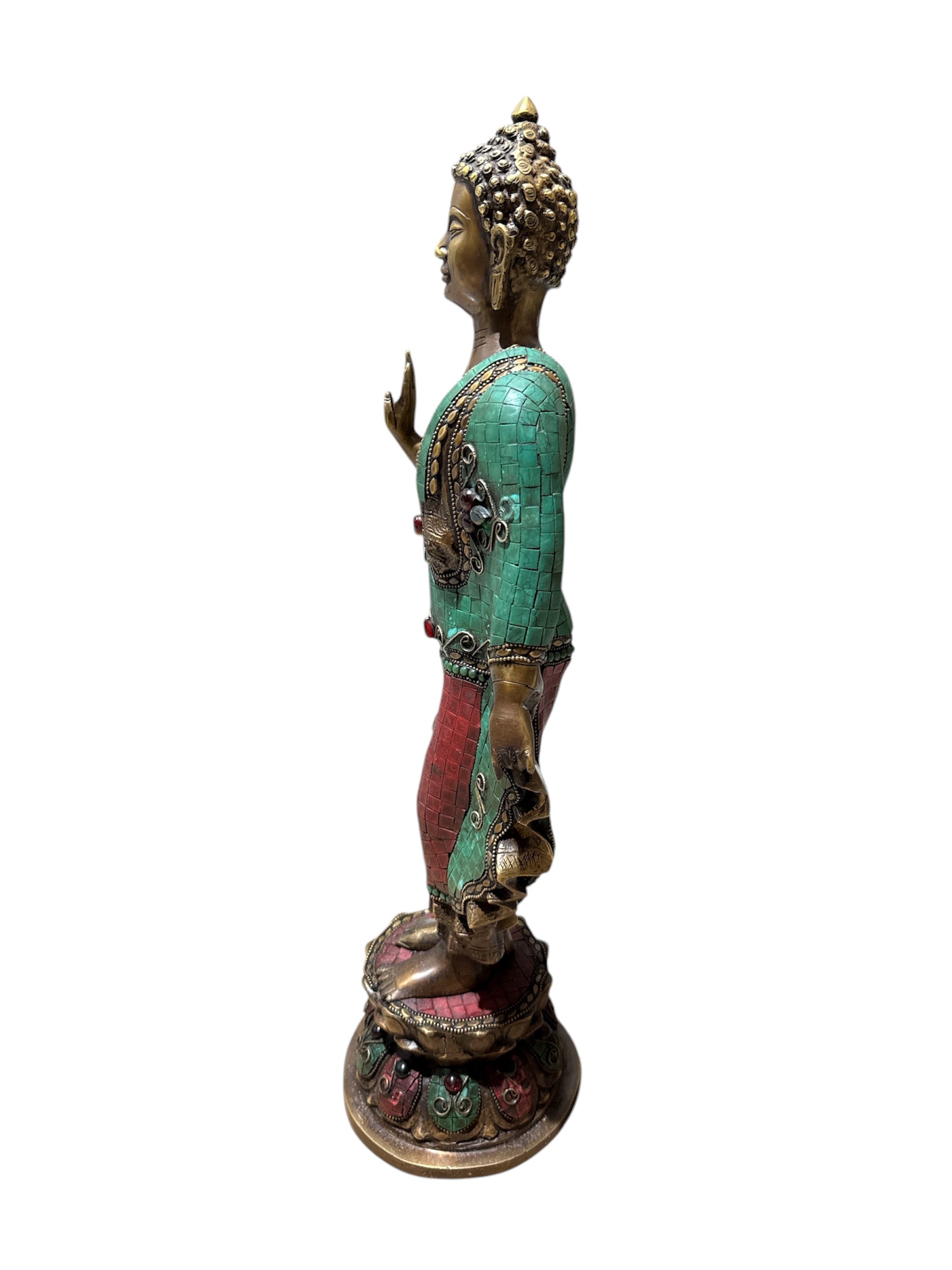 Authentic antique look brass bronze with colour stone tabletop buddha standing statue home religious decoration