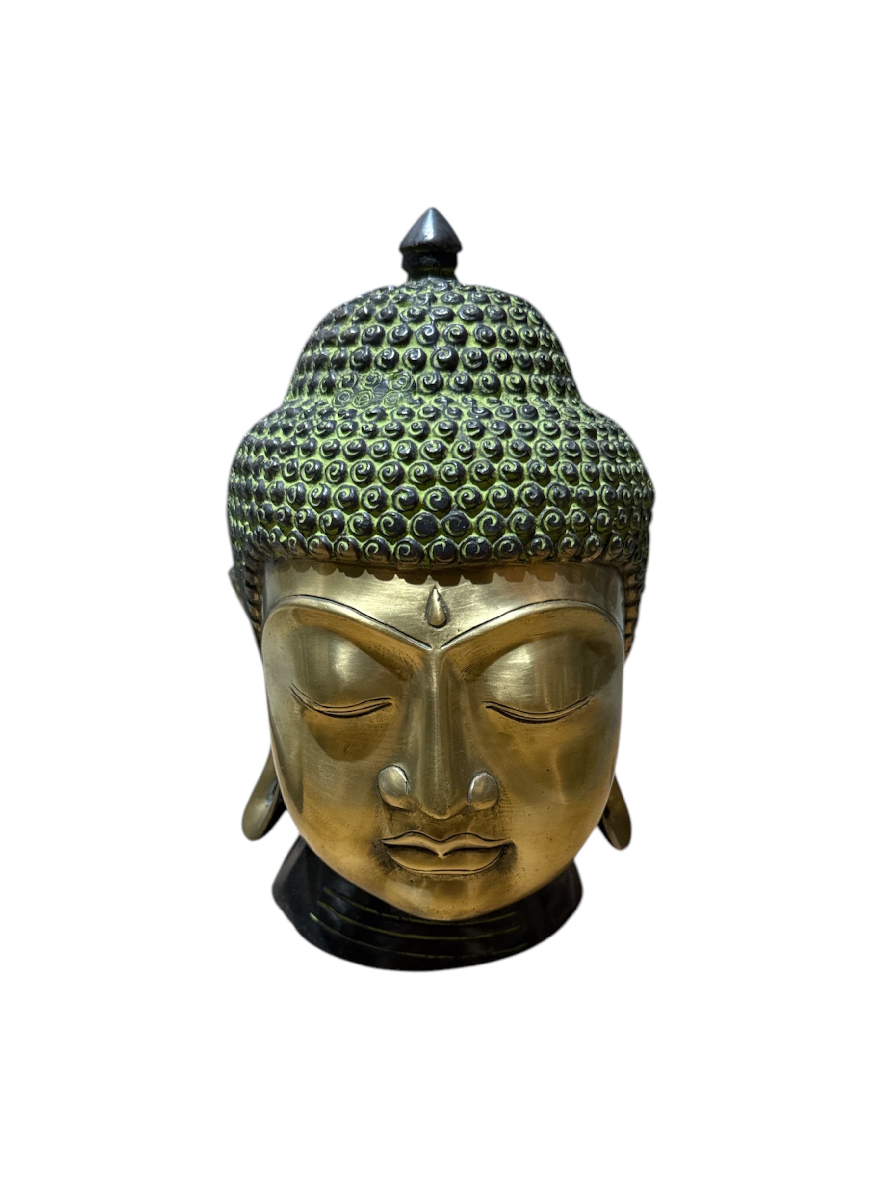 Antique look brass bronze / green / gold console tabletop buddha head statue home office religious decoration