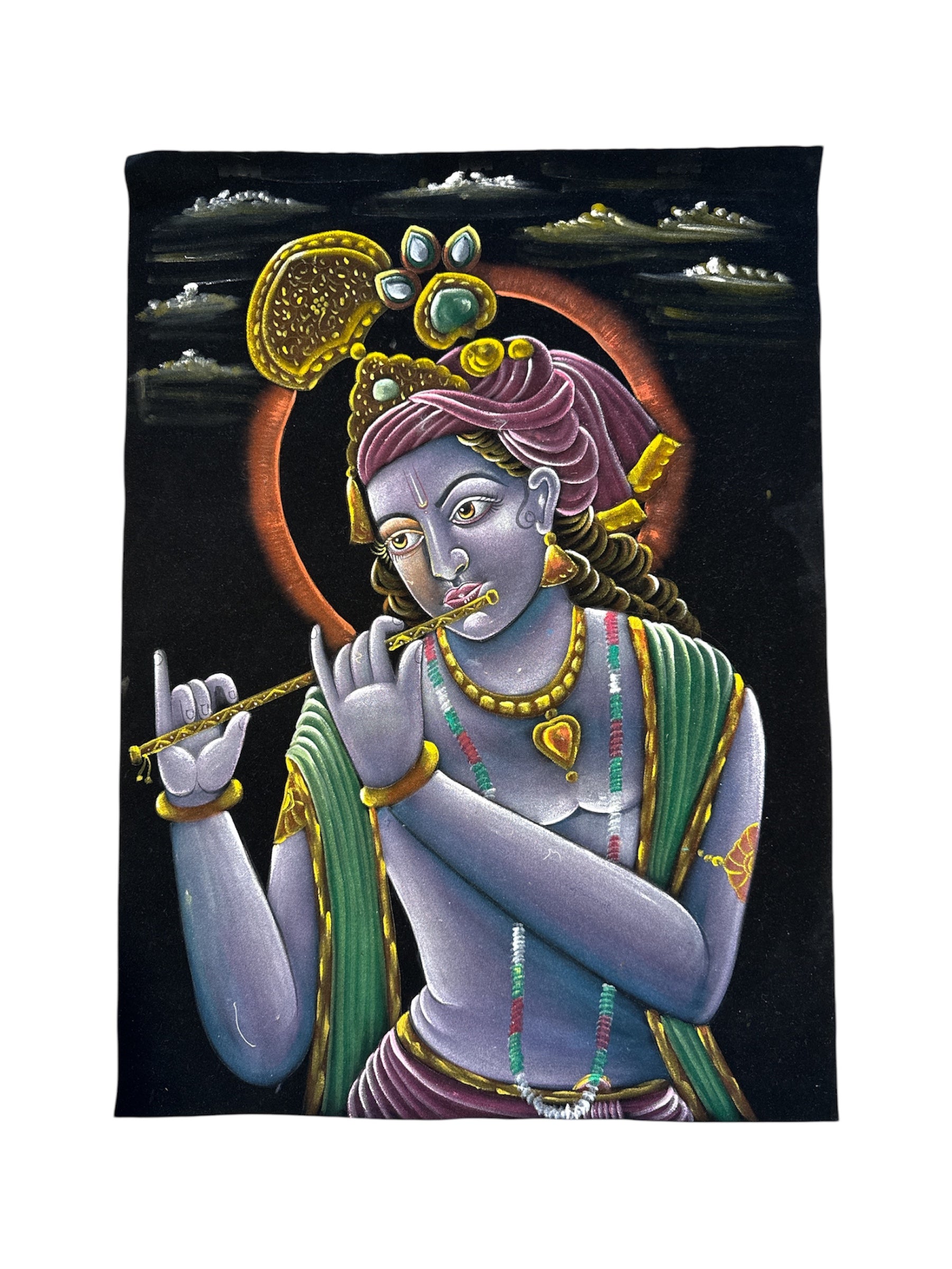 Divine Lord Krishna Stone Sand Powder Painting Velvet Fabric Handmade Artwork Traditional Indian Art Spiritual Home Office Wall Decor Sacred Hindu Wall Housewarming Gift