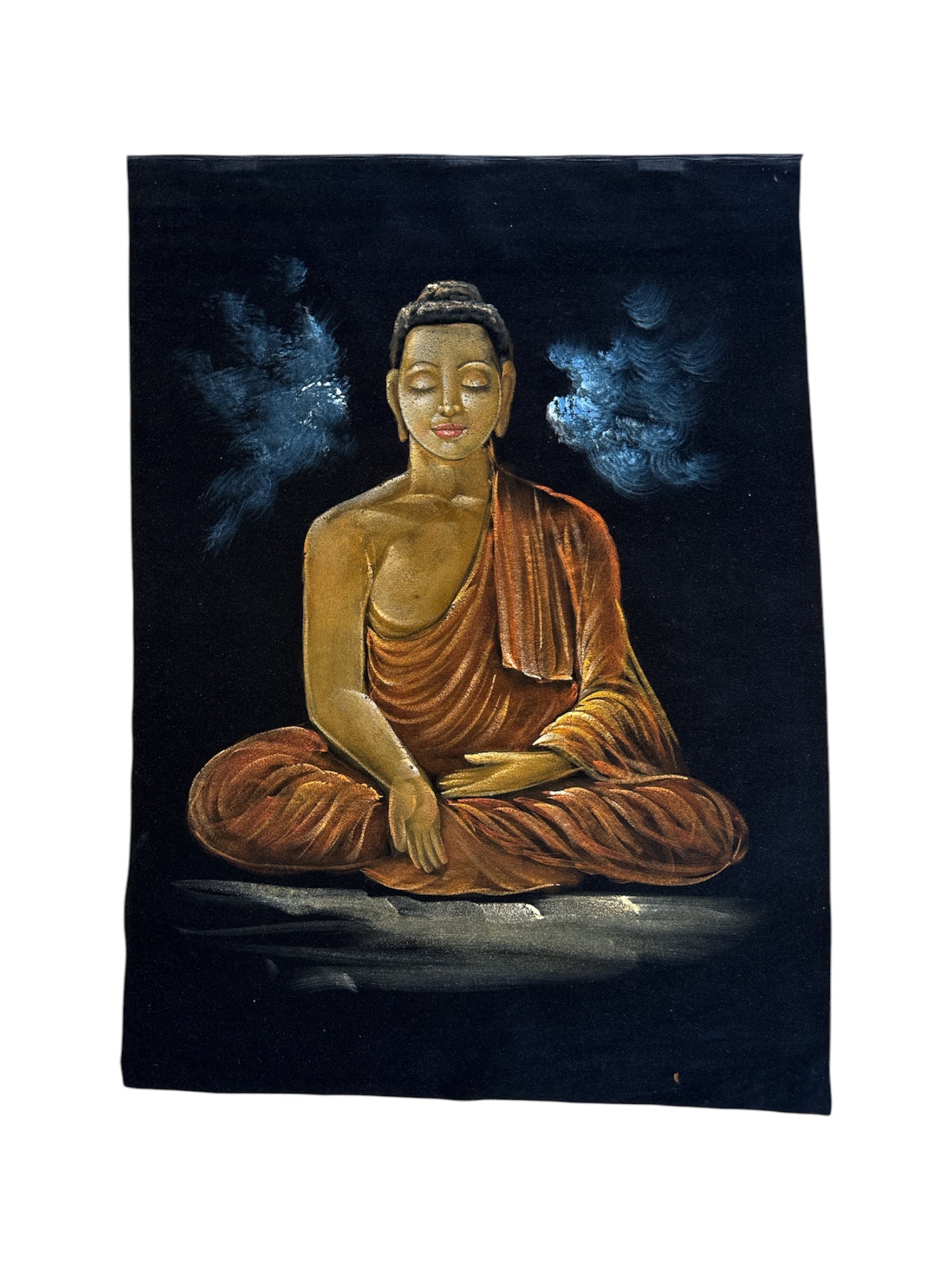 Serene Indian Buddha Monk Stone Sand Powder Velvet Cloth Painting Spiritual Meditative Artwork Handmade Traditional Wall Decor Tranquil Home Office Meditation Room Sacred Hindu Buddhist Aesthetic Housewarming Gift