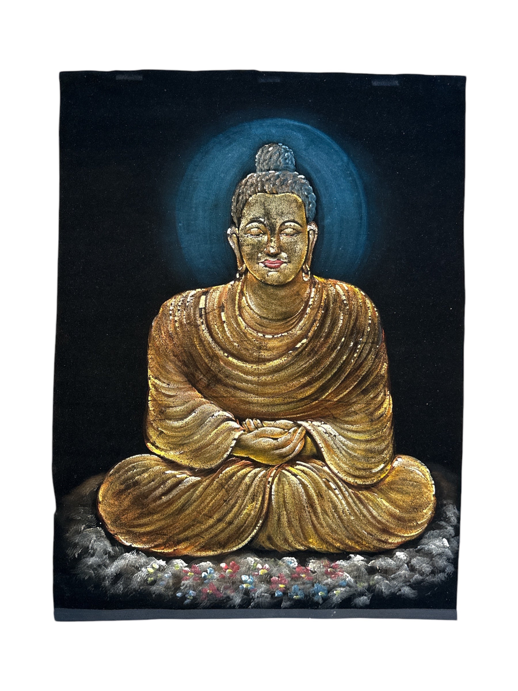 Peaceful Indian Buddha Monk Stone Sand Powder Painting Velvet Fabric Handmade Spiritual Art Enlightened Meditation Pose Divine Wall Decor Tranquil Home Office Sacred Space Buddhist Hindu Aesthetic Housewarming Gift