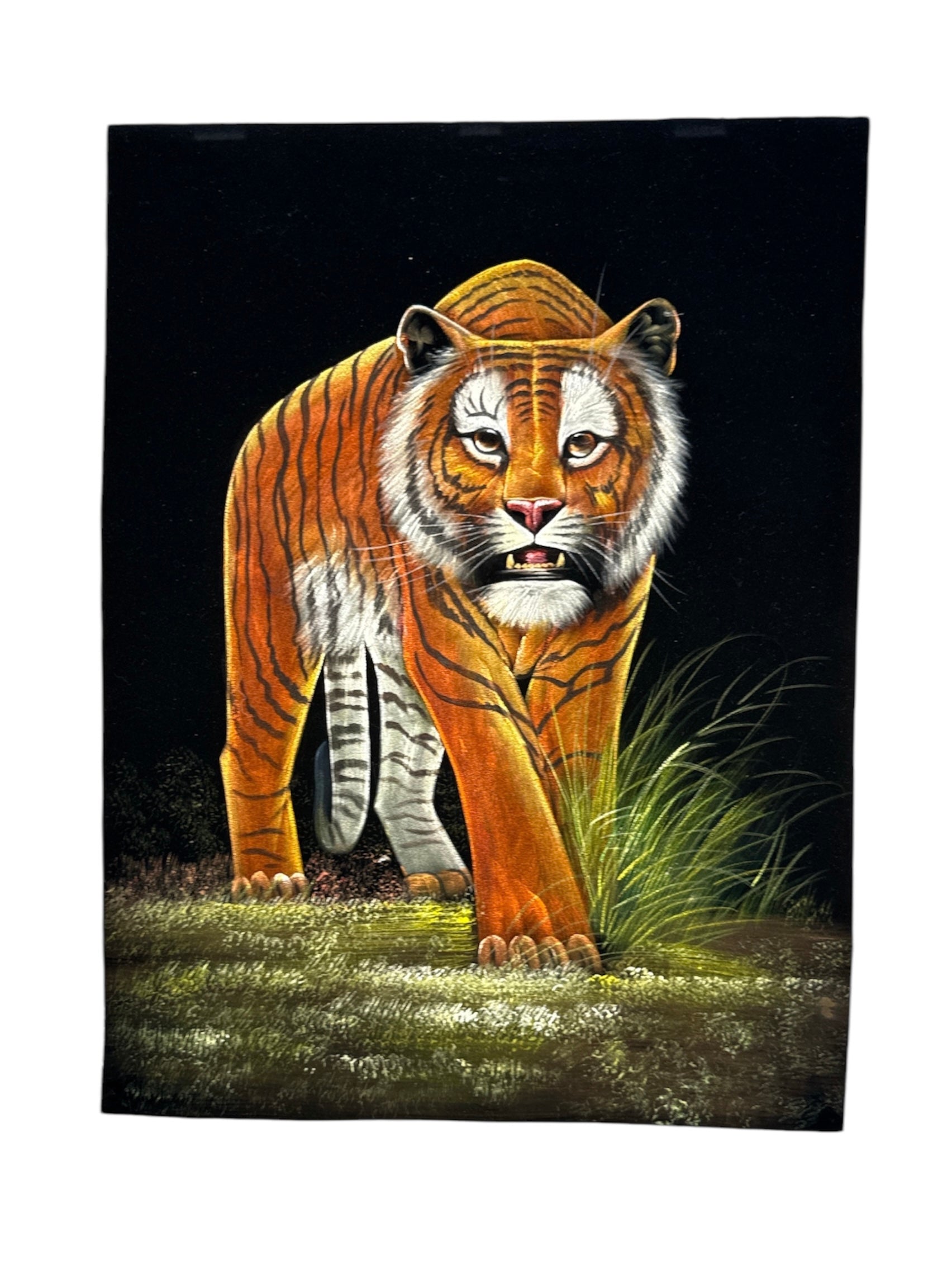 Fierce Tiger Stone Sand Powder Painting Velvet Cloth Powerful Wildlife Artwork Intense Gaze Predatory Stance Bold Full-Body Design Statement Wall Decor Dynamic Home Office Aesthetic Strength Symbol Housewarming Gift