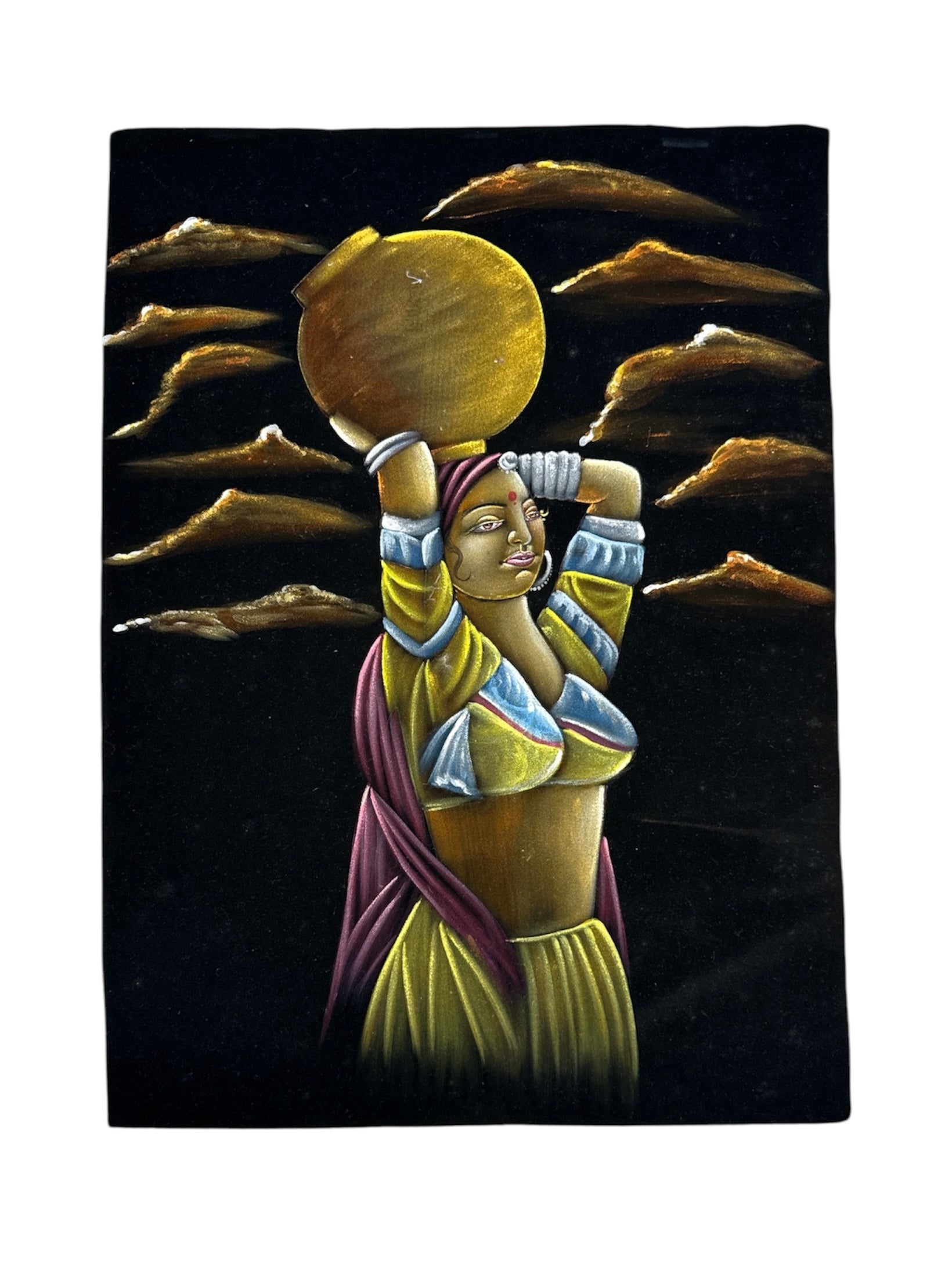 Graceful Indian Village Woman Stone Sand Powder Painting Velvet Fabric Traditional Cultural Artwork Handmade Rural Aesthetic Elegant Wall Decor Ethnic Home Office Decoration Timeless Heritage Housewarming Gift