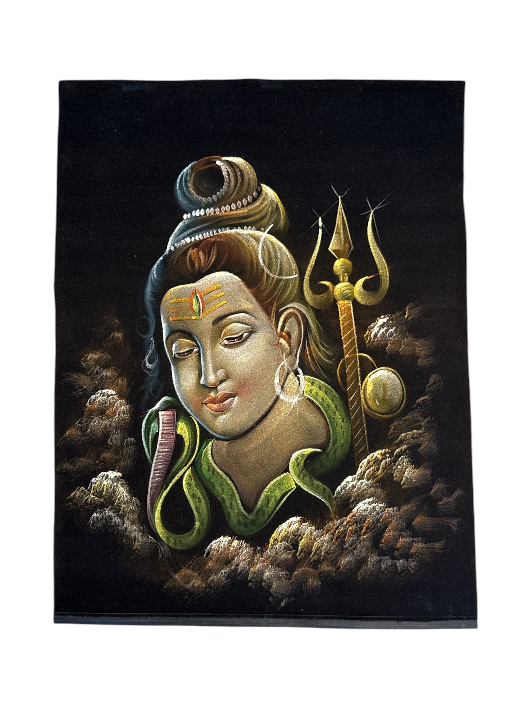 Mythical Lord Shiva Sand Stone Powder Painting Velvet Cloth Trident Serpent Handmade Spiritual Art Divine Wall Decor Sacred Space Hindu Aesthetic Peaceful Home Office Gift