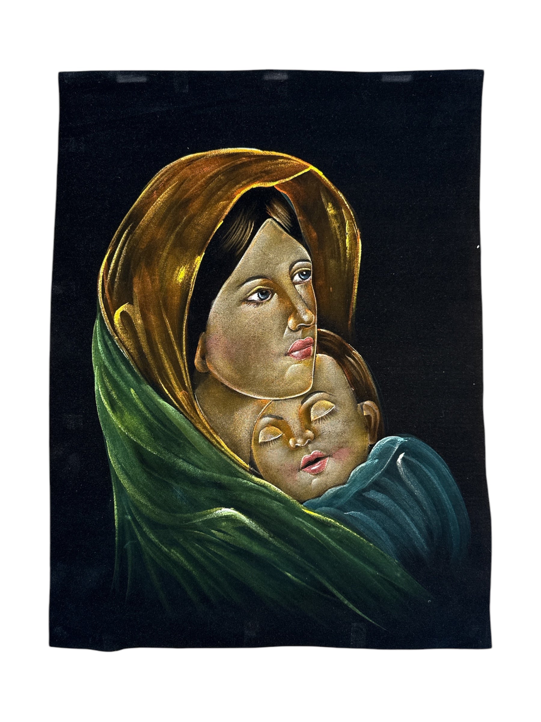 Mother and Child Stone Sand Powder Painting Velvet Fabric Handmade Spiritual Art Tender Embrace Divine Wall Decor Peaceful Home Office Sacred Space Family Bond Gift