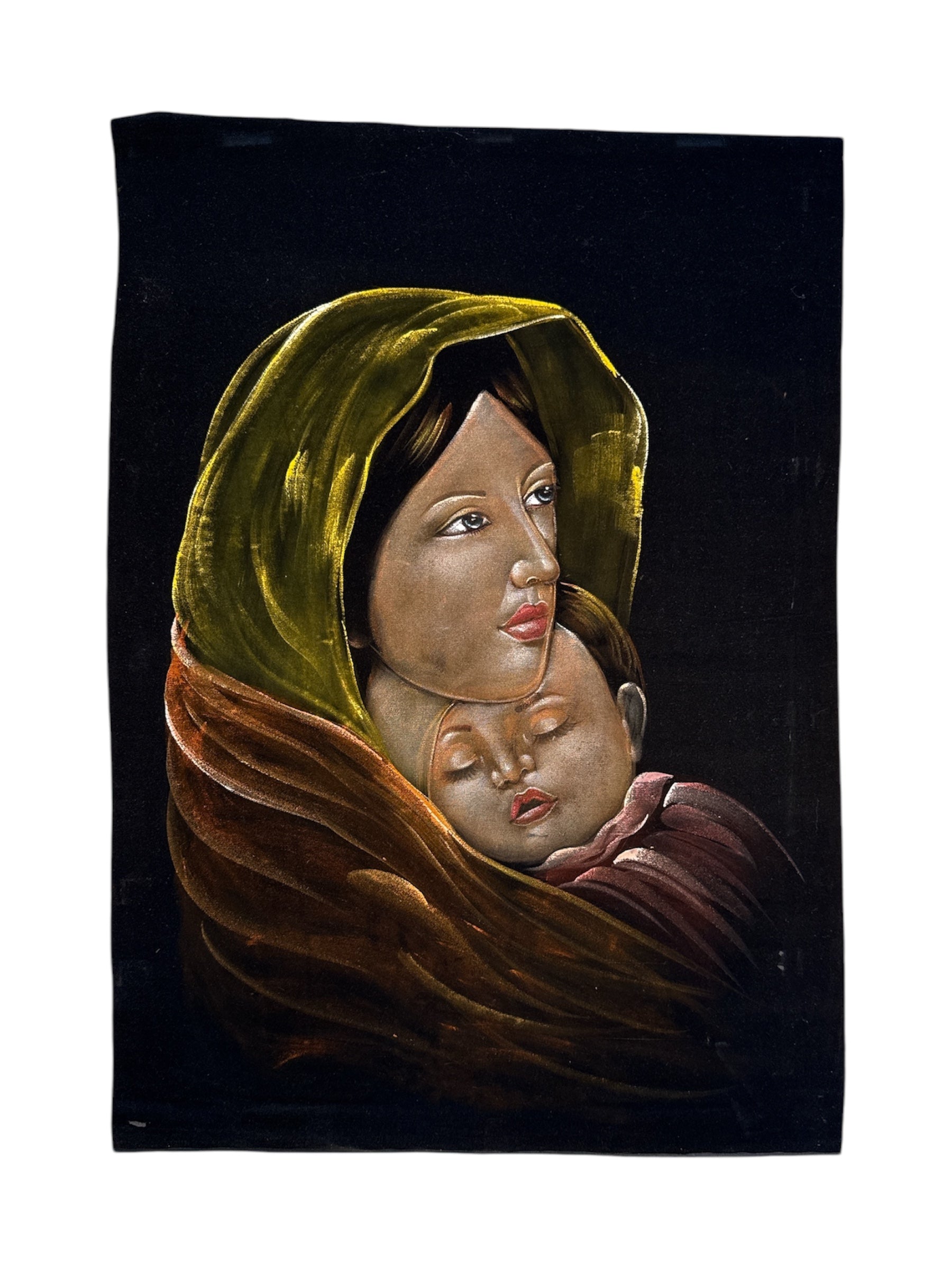 Mother and Child Stone Sand Powder Painting Velvet Cloth Handmade Spiritual Art Sacred Bond Divine Wall Decor Tender Love Peaceful Home Office Gift