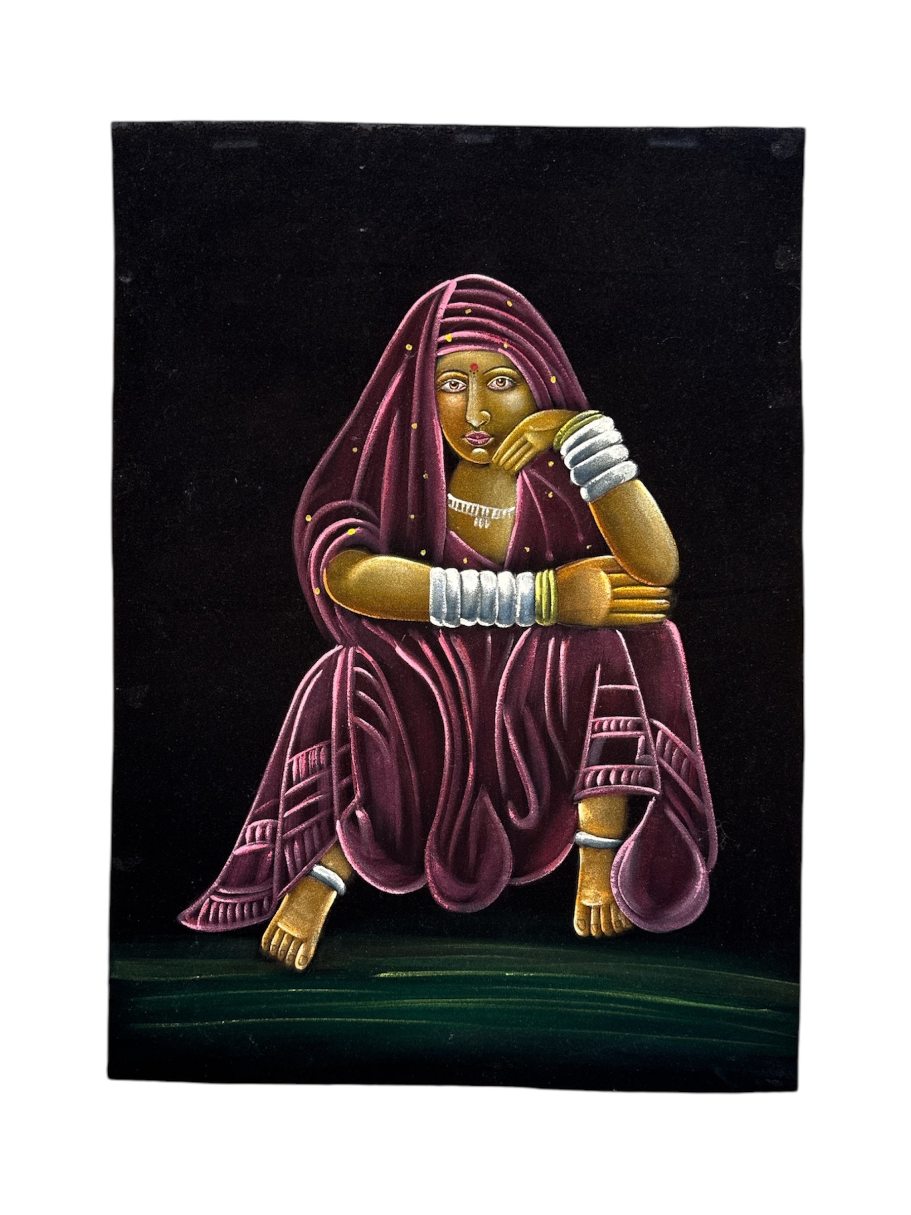 Indian Woman Wrapped in Purple Cloth Stone Sand Powder Painting Velvet Fabric Handmade Spiritual Art Contemplative Pose Divine Wall Decor Sacred Space Peaceful Home Office Gift