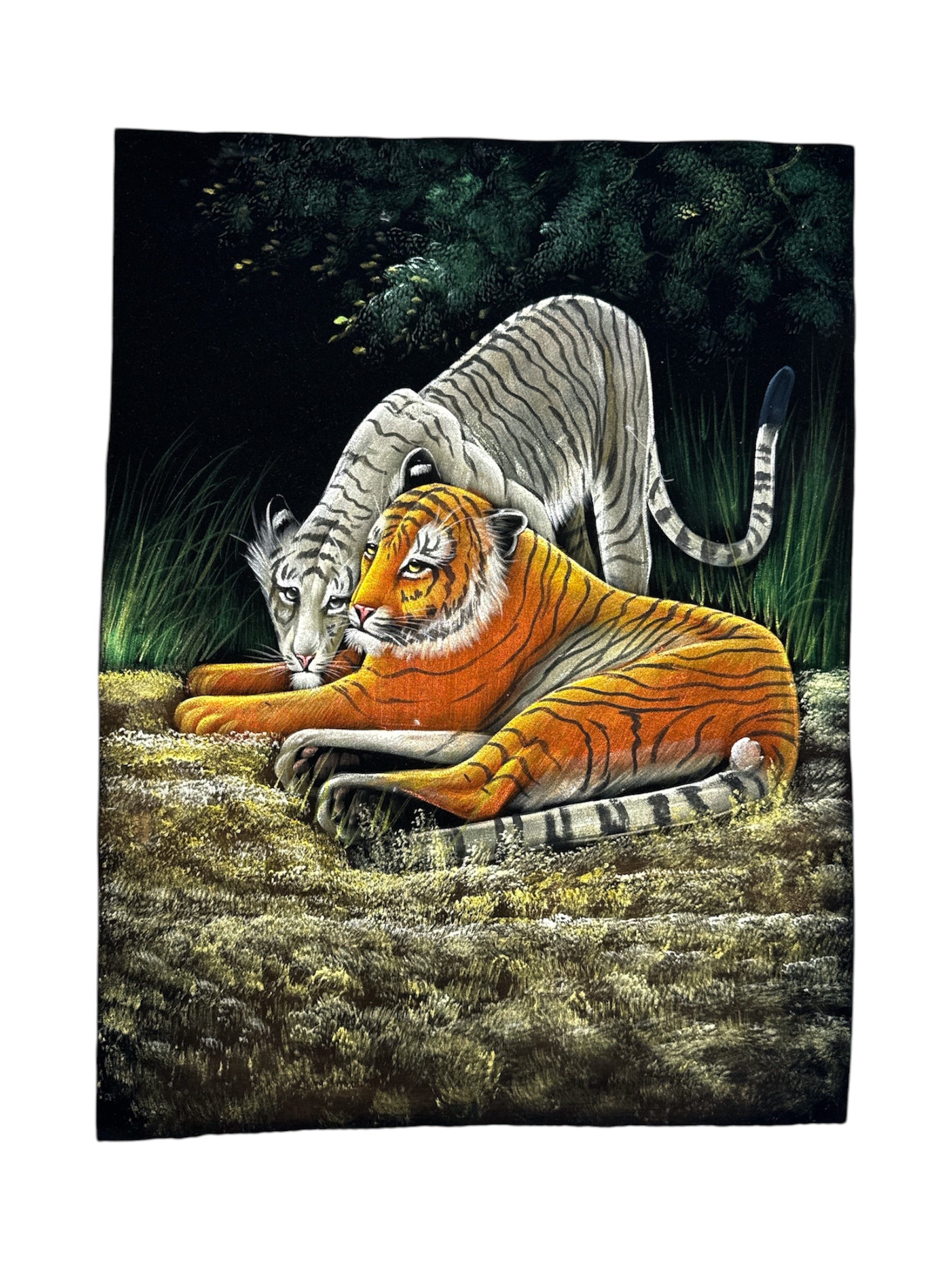 Phenominal Tiger Pair White and Orange Tigers Stone Sand Powder Painting Velvet Cloth Handmade Spiritual Art Sacred Bond Divine Wall Decor Tranquil Home Office Gift