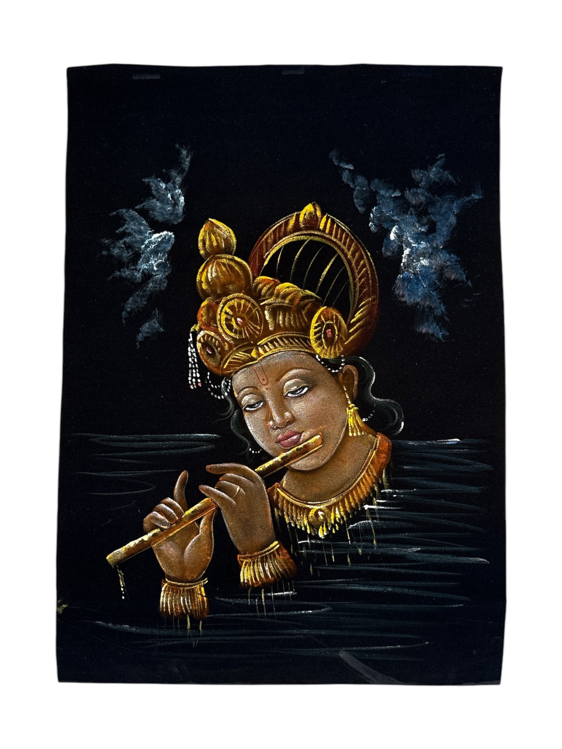 Lord Krishna Playing Flute Stone Powder Painting Velvet Cloth Handmade Spiritual Art Divine Calmness Surrounded by Water and Clouds Glowing Golden Aura Wall Decor Sacred Space Gift