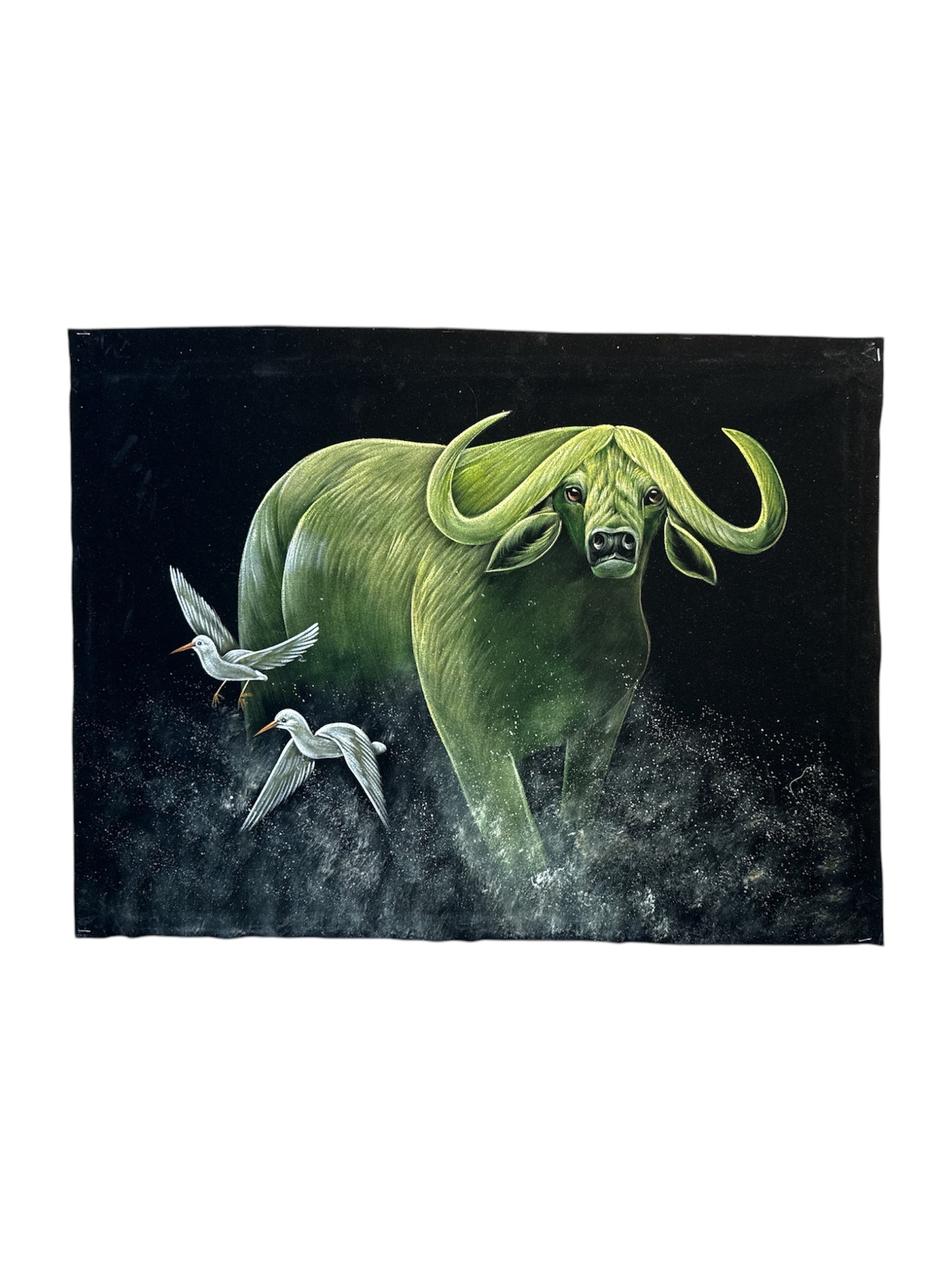 Raging Longhorn Ox and Flying Birds Stone Sand Powder Painting Velvet Fabric Handmade Spiritual Art Majestic Power Divine Tranquility Wall Decor Sacred Space Home Office Gift